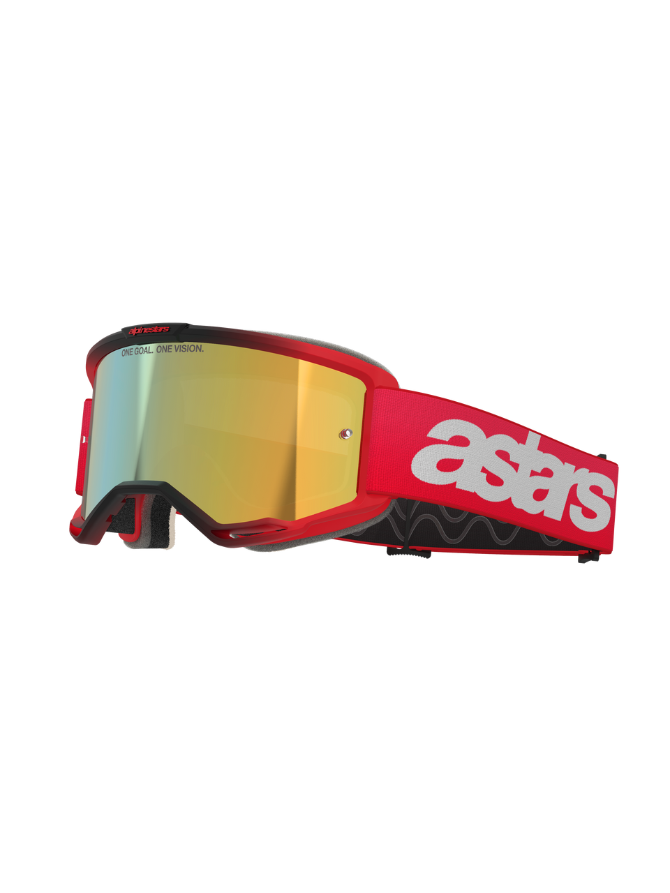 Alpinestars Vision 5 Blaze Goggles, Motocross Goggles, Red frame and strap with Mirror Gold lens, featuring white astars branding on the side, lightweight A-FLEX frame with multi-layer face foam for off-road racing