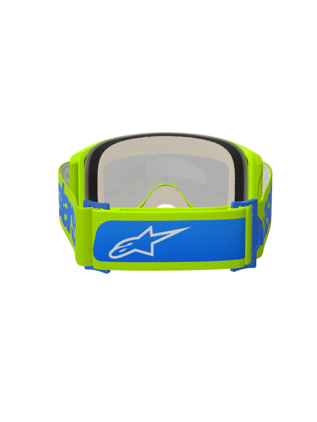 Alpinestars Vision 5 Blaze Goggles, motorcrossbril, fluogeel en blauw, achteraanzicht met verstelbare 45 mm geweven band met blauwe accenten en wit Alpinestars-logo, dik meerlaags gezichtsschuim, ontworpen voor off-road racen