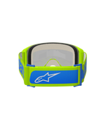Alpinestars Vision 5 Blaze Goggles, motorcrossbril, fluogeel en blauw, achteraanzicht met verstelbare 45 mm geweven band met blauwe accenten en wit Alpinestars-logo, dik meerlaags gezichtsschuim, ontworpen voor off-road racen