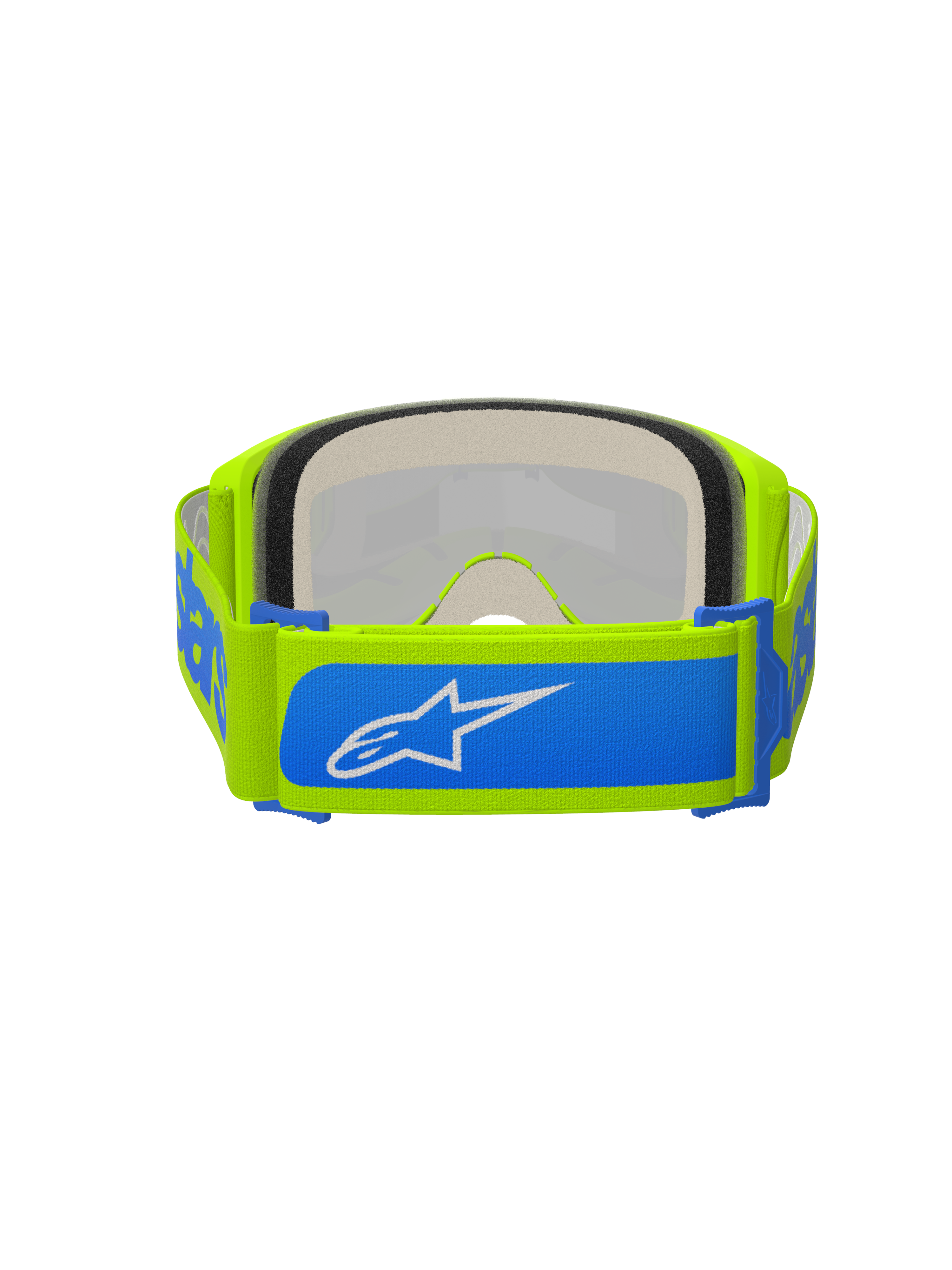 Alpinestars Vision 5 Blaze Goggles, motorcrossbril, fluogeel en blauw, achteraanzicht met verstelbare 45 mm geweven band met blauwe accenten en wit Alpinestars-logo, dik meerlaags gezichtsschuim, ontworpen voor off-road racen