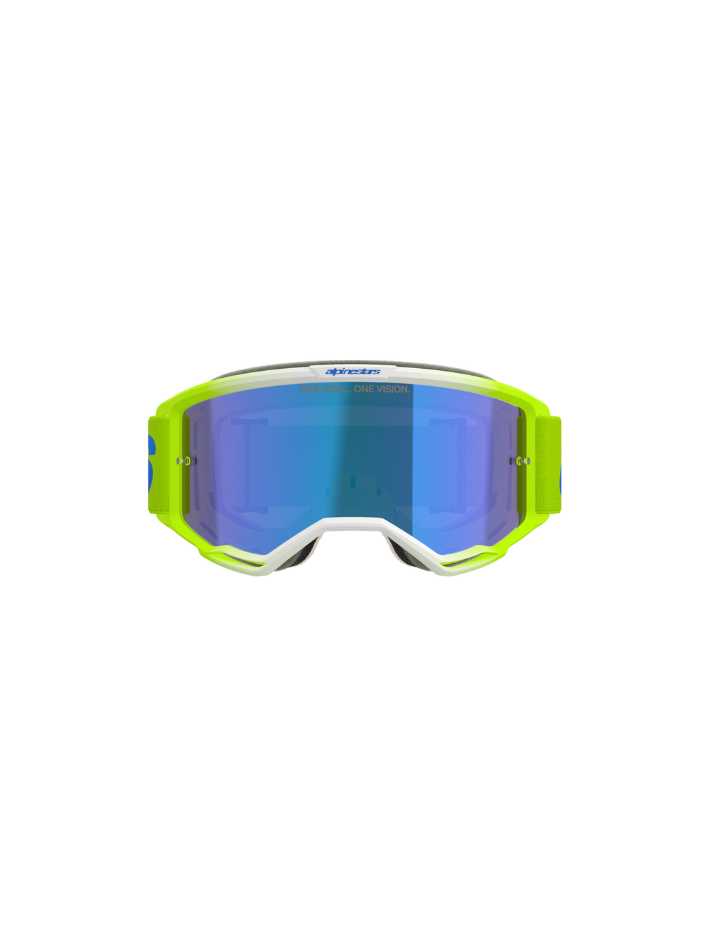 Alpinestars Vision 5 Blaze Goggles, motorcrossbril, fluogeel en blauw, voorzien van een blauwe spiegelglas lens, witte framedetails en een brede verstelbare band met Alpinestars-branding, professionele oogbescherming voor off-road en motorcross