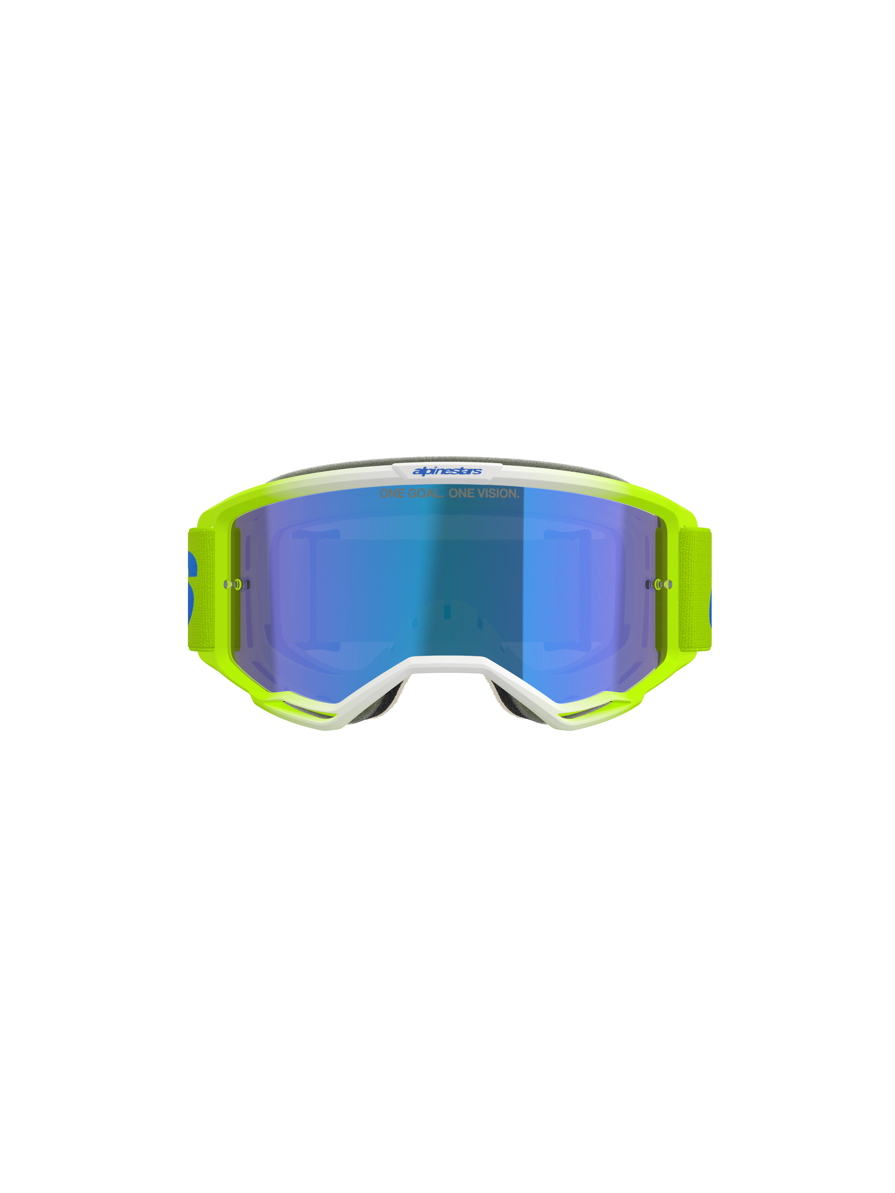Alpinestars Vision 5 Blaze Goggles, motorcrossbril, fluogeel en blauw, voorzien van een blauwe spiegelglas lens, witte framedetails en een brede verstelbare band met Alpinestars-branding, professionele oogbescherming voor off-road en motorcross