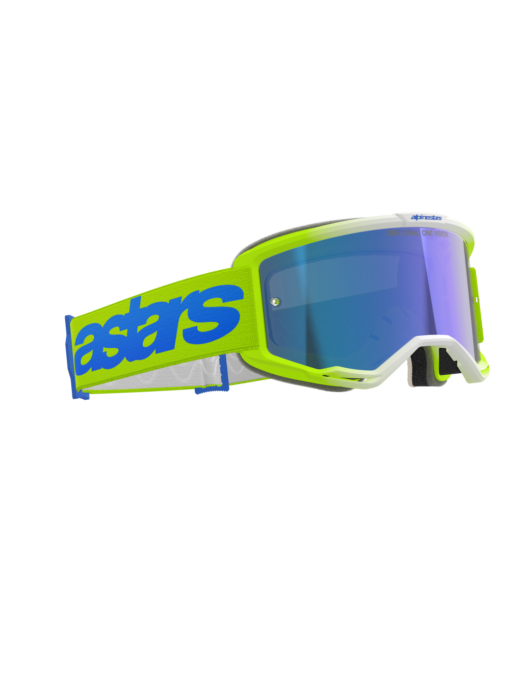 Alpinestars Vision 5 Blaze motorcrossbril, fluogeel en blauw, spiegelende blauwe lens, brede gele geweven band met opvallend blauw 'astars'-logo, professionele beschermende bril voor off-road racing