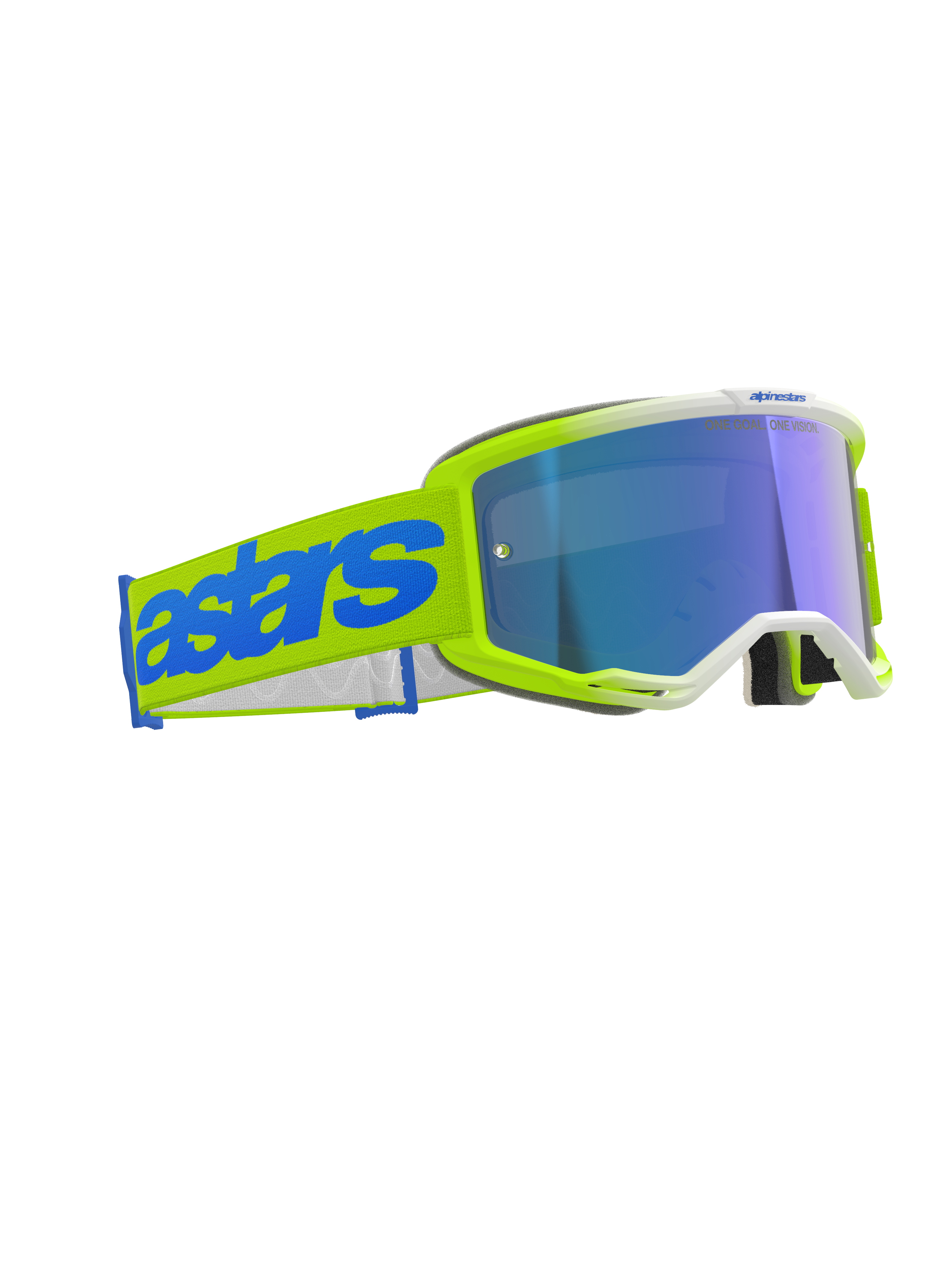 Alpinestars Vision 5 Blaze motorcrossbril, fluogeel en blauw, spiegelende blauwe lens, brede gele geweven band met opvallend blauw 'astars'-logo, professionele beschermende bril voor off-road racing
