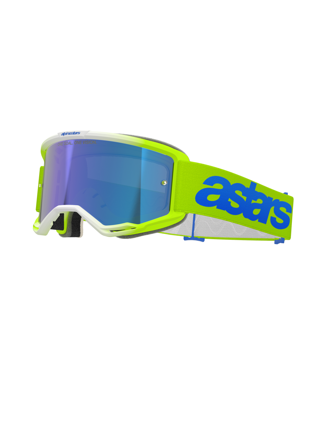 Alpinestars Vision 5 Blaze crossbril, motocross goggle, fluogeel en blauw, voorzien van een blauwe spiegelende lens, neongeel frame met witte details, verstelbare band met opvallend blauw Astars-logo, hoogwaardige oogbescherming voor off-road racen
