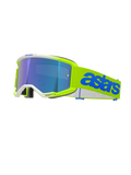 Alpinestars Vision 5 Blaze crossbril, motocross goggle, fluogeel en blauw, voorzien van een blauwe spiegelende lens, neongeel frame met witte details, verstelbare band met opvallend blauw Astars-logo, hoogwaardige oogbescherming voor off-road racen