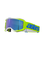 Alpinestars Vision 5 Blaze crossbril, motocross goggle, fluogeel en blauw, voorzien van een blauwe spiegelende lens, neongeel frame met witte details, verstelbare band met opvallend blauw Astars-logo, hoogwaardige oogbescherming voor off-road racen