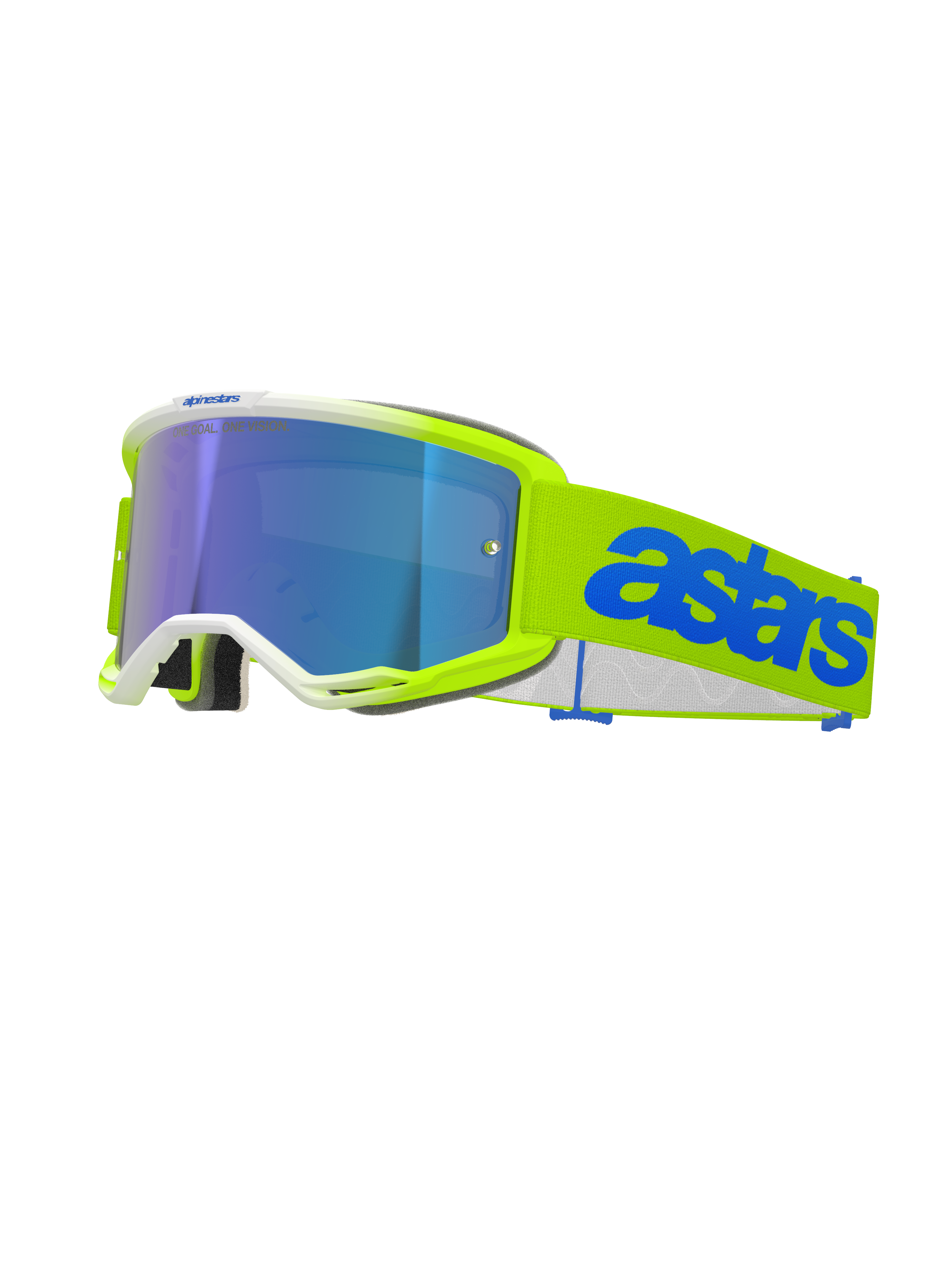 Alpinestars Vision 5 Blaze crossbril, motocross goggle, fluogeel en blauw, voorzien van een blauwe spiegelende lens, neongeel frame met witte details, verstelbare band met opvallend blauw Astars-logo, hoogwaardige oogbescherming voor off-road racen