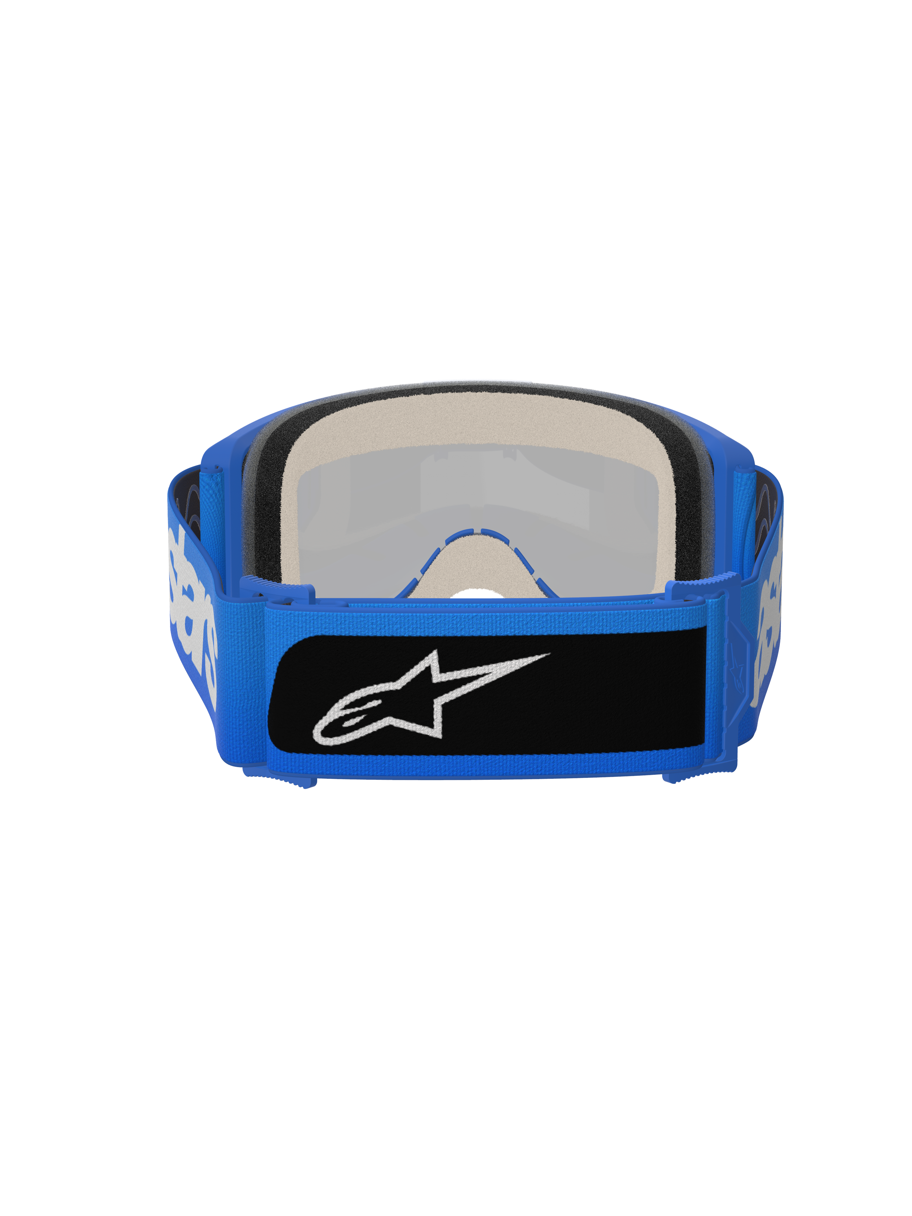 Masque Alpinestars Vision 5 Blaze, masque de motocross, bleu, vue arrière montrant une mousse faciale multicouche épaisse et une large sangle tissée bleue avec un logo noir, protection oculaire haute performance pour la conduite tout-terrain