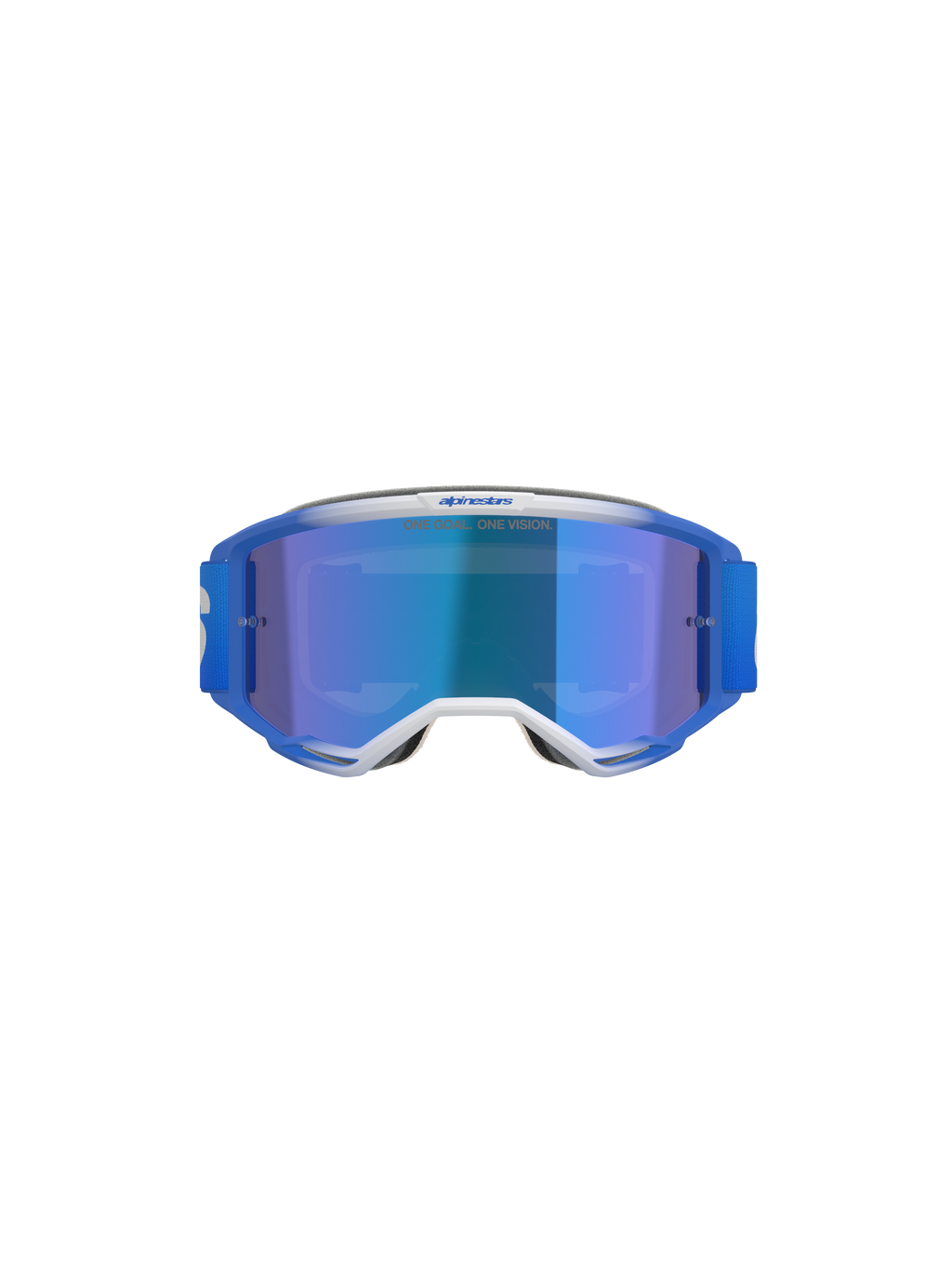 Masque Alpinestars Vision 5 Blaze, masque de motocross, bleu miroir bleu, vue de face présentant un cadre A-FLEX bleu et blanc avec écran miroir bleu et bandeau tissé bleu, protection oculaire professionnelle tout-terrain
