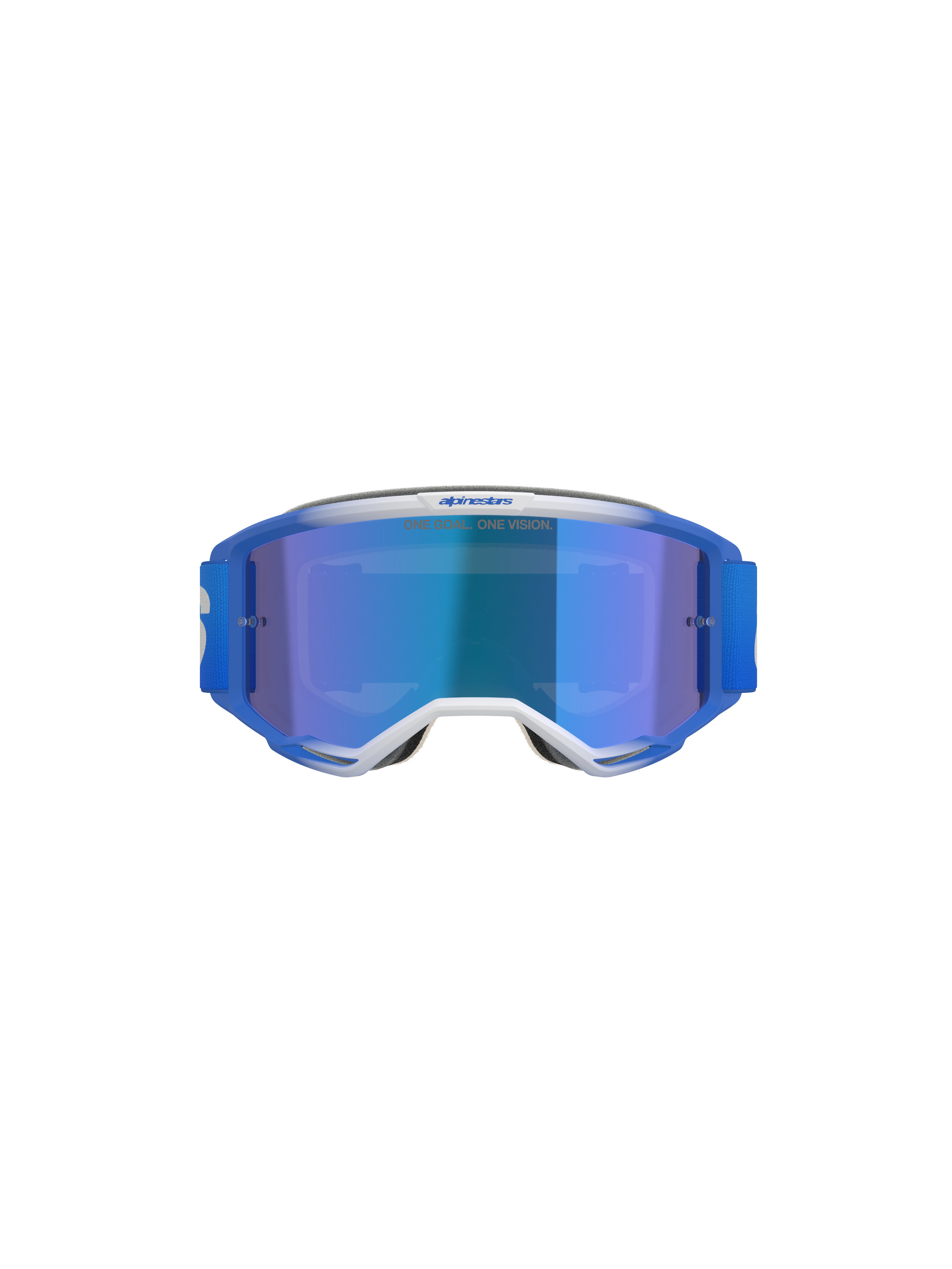 Masque Alpinestars Vision 5 Blaze, masque de motocross, bleu miroir bleu, vue de face présentant un cadre A-FLEX bleu et blanc avec écran miroir bleu et bandeau tissé bleu, protection oculaire professionnelle tout-terrain