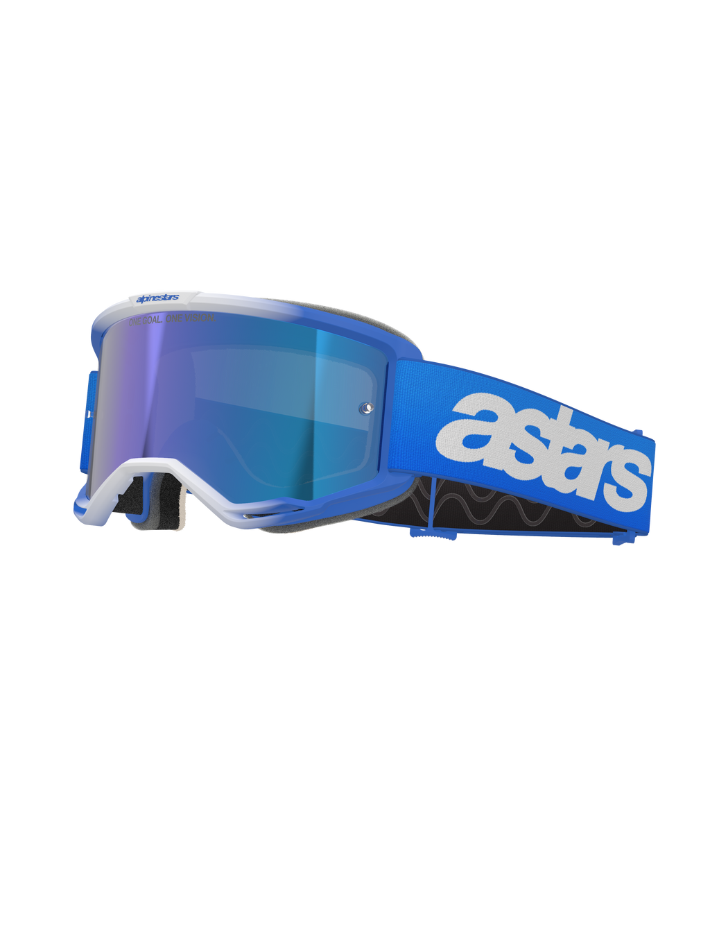 Lunettes Alpinestars Vision 5 Blaze, masque de motocross, bleu et blanc, avec écran miroir bleu réfléchissant, large sangle bleue avec logo astars blanc, monture incurvée avec accents blancs, rembourrage en mousse noire épaisse, lunettes de course tout-terrain professionnelles