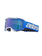 Lunettes Alpinestars Vision 5 Blaze, masque de motocross, bleu et blanc, avec écran miroir bleu réfléchissant, large sangle bleue avec logo astars blanc, monture incurvée avec accents blancs, rembourrage en mousse noire épaisse, lunettes de course tout-terrain professionnelles
