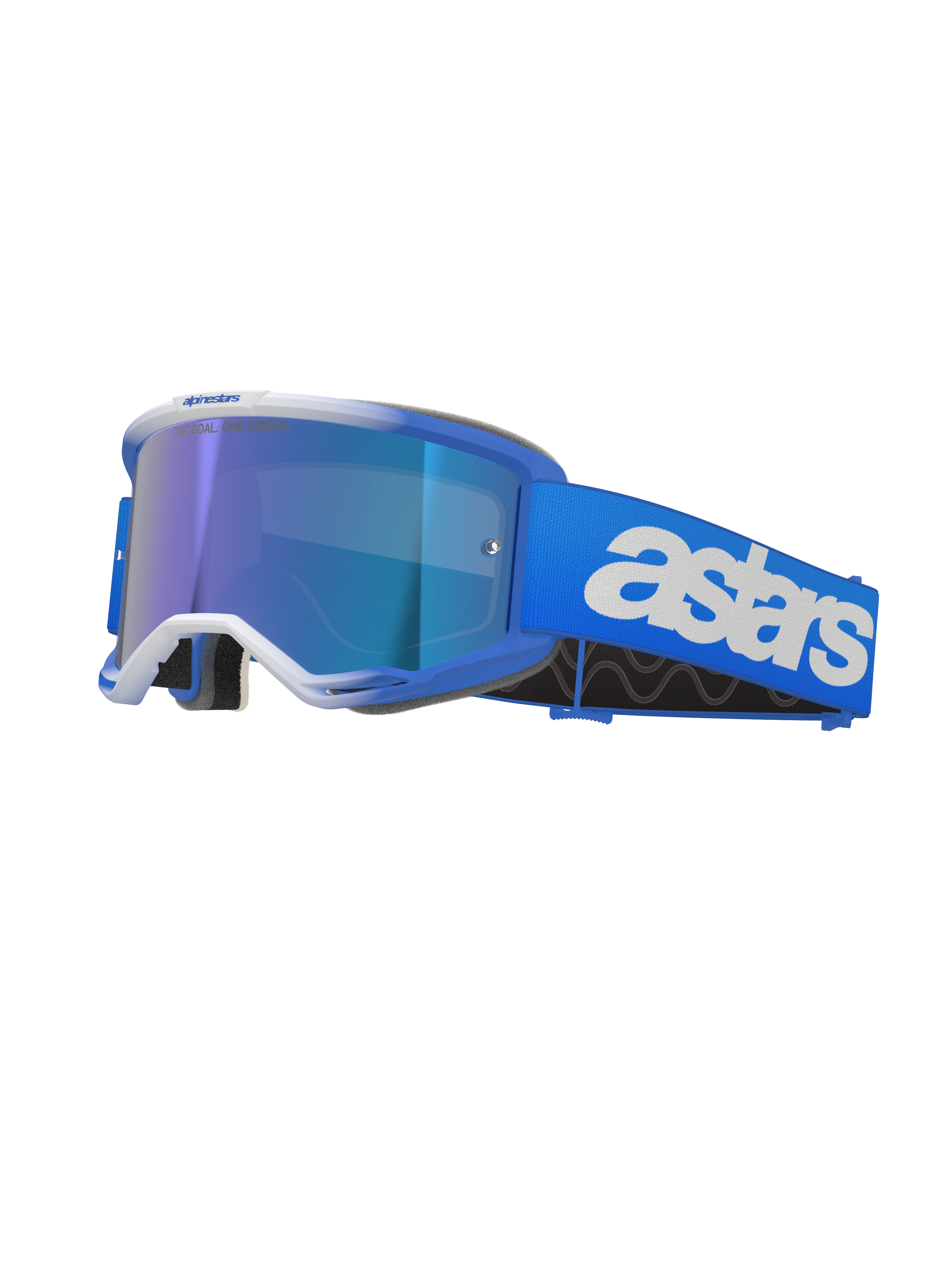 Alpinestars Vision 5 Blaze Brille, Motocross-Brille, Blau und Weiß, blau verspiegelte Linse, breites blaues Band mit markantem weißem Astars-Branding, geschwungener Rahmen mit weißen Akzenten, dicke schwarze Schaumstoffpolsterung, professionelle Offroad-Rennsportbrille