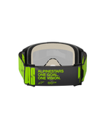 Alpinestars Vision 5 Hollow Goggles, motorcrossbril, Charcoal en Yellow Fluo, achteraanzicht met brede geweven band voorzien van 'ALPINESTARS ONE GOAL. ONE VISION.' branding, meerlaags gezichtsschuim, ontworpen voor off-road racing