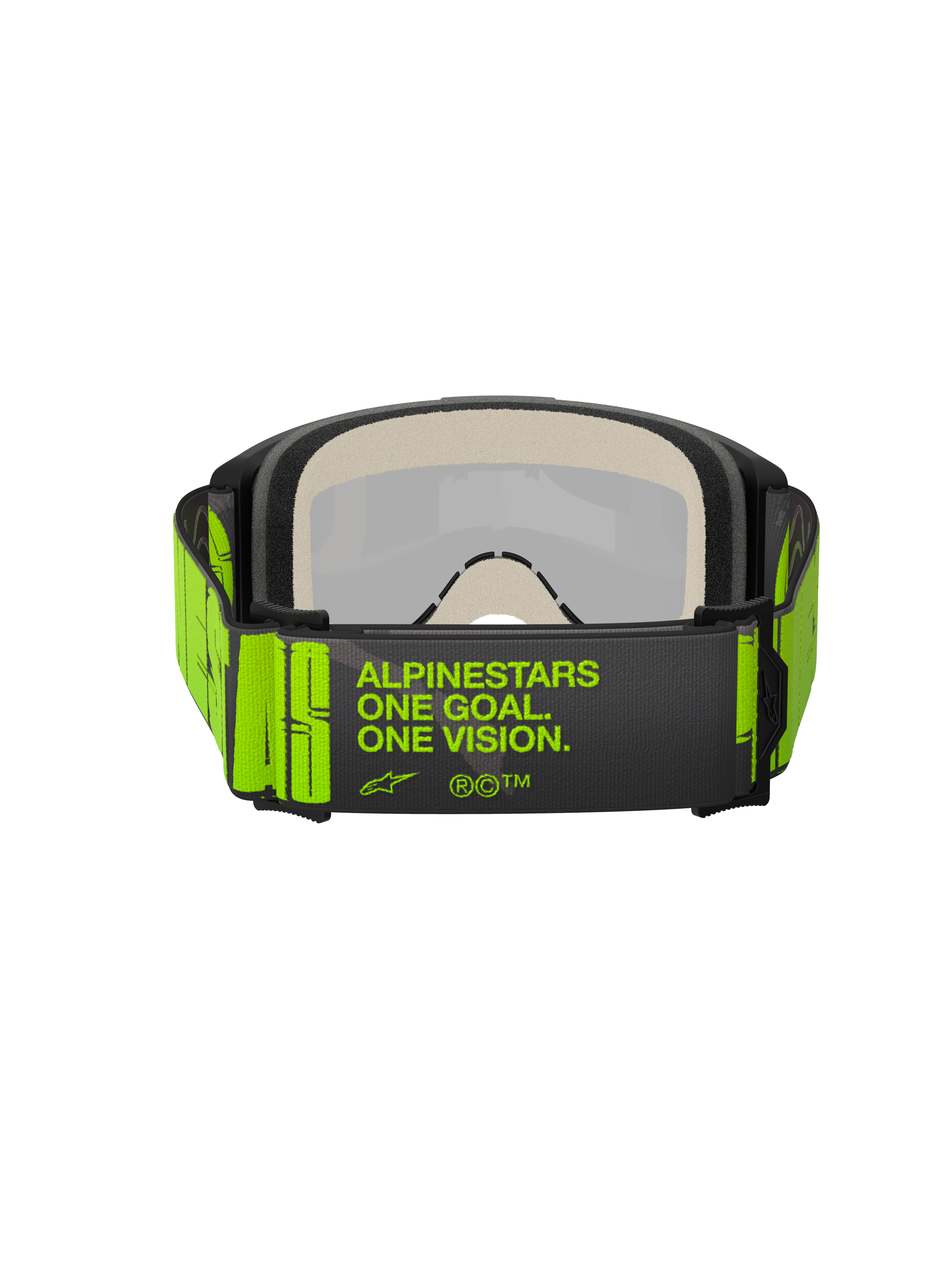 Alpinestars Vision 5 Hollow Goggles, motorcrossbril, Charcoal en Yellow Fluo, achteraanzicht met brede geweven band voorzien van 'ALPINESTARS ONE GOAL. ONE VISION.' branding, meerlaags gezichtsschuim, ontworpen voor off-road racing