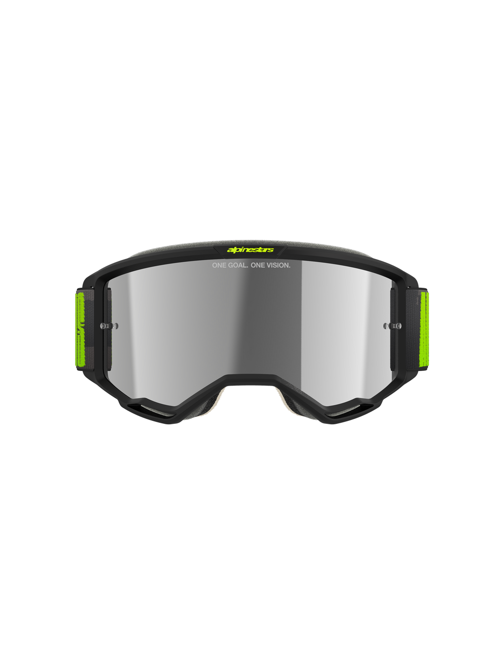 Alpinestars Vision 5 Hollow motorcrossbril, antraciet en fluorgeel, zilveren spiegelglas, strak antraciet frame met felgele accenten en brede geweven band, hoogwaardige oogbescherming voor off-road racen