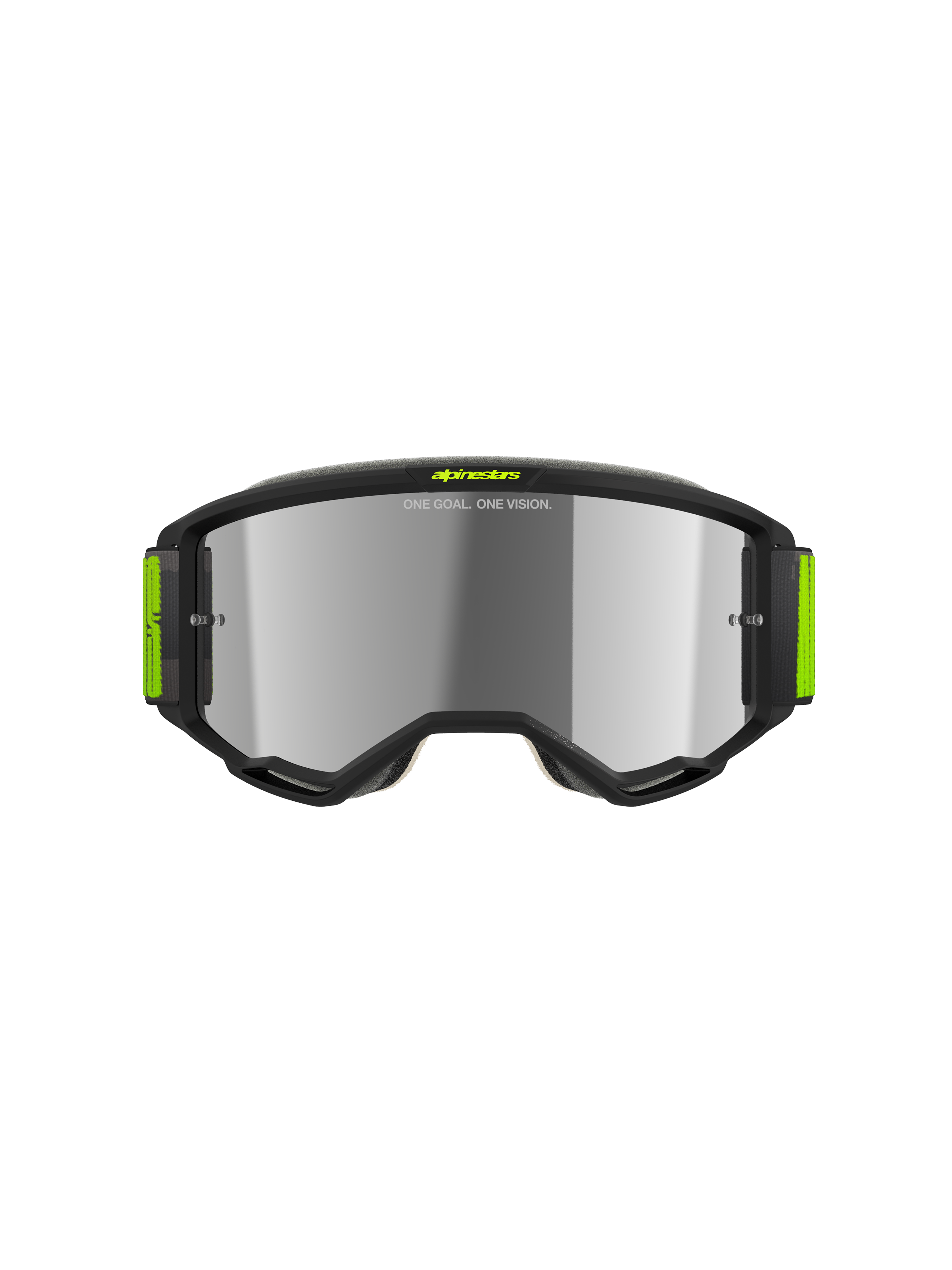 Alpinestars Vision 5 Hollow motorcrossbril, antraciet en fluorgeel, zilveren spiegelglas, strak antraciet frame met felgele accenten en brede geweven band, hoogwaardige oogbescherming voor off-road racen