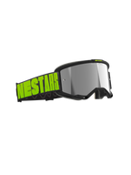 Alpinestars Vision 5 Hollow Goggles, motorcrossbril, antraciet en neongeel, zilveren spiegelglas lens, brede zwarte band met opvallende neongele branding, slank frame met RAM-AIR ventilatie voor off-road racen