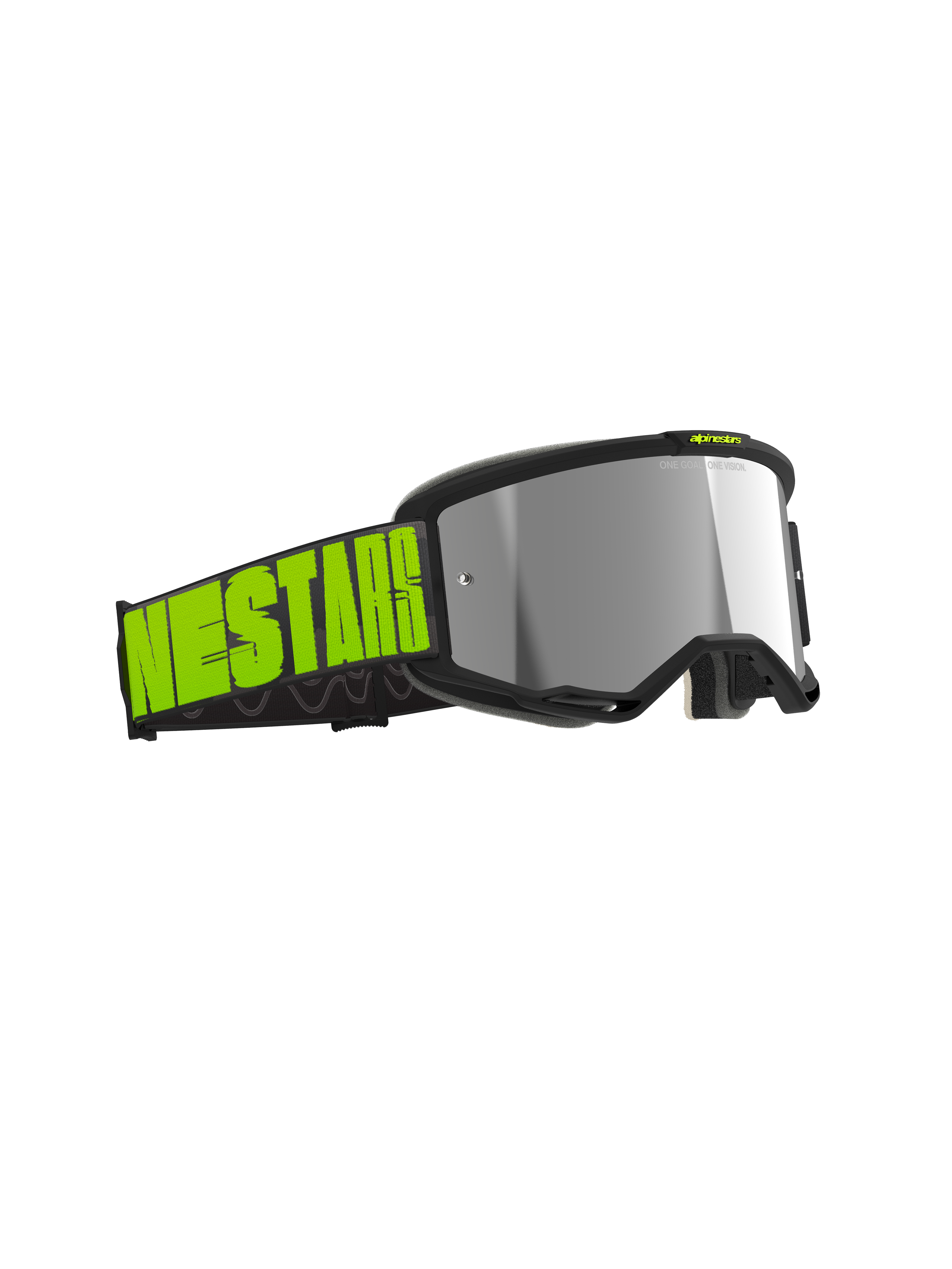 Alpinestars Vision 5 Hollow Goggles, motorcrossbril, antraciet en neongeel, zilveren spiegelglas lens, brede zwarte band met opvallende neongele branding, slank frame met RAM-AIR ventilatie voor off-road racen