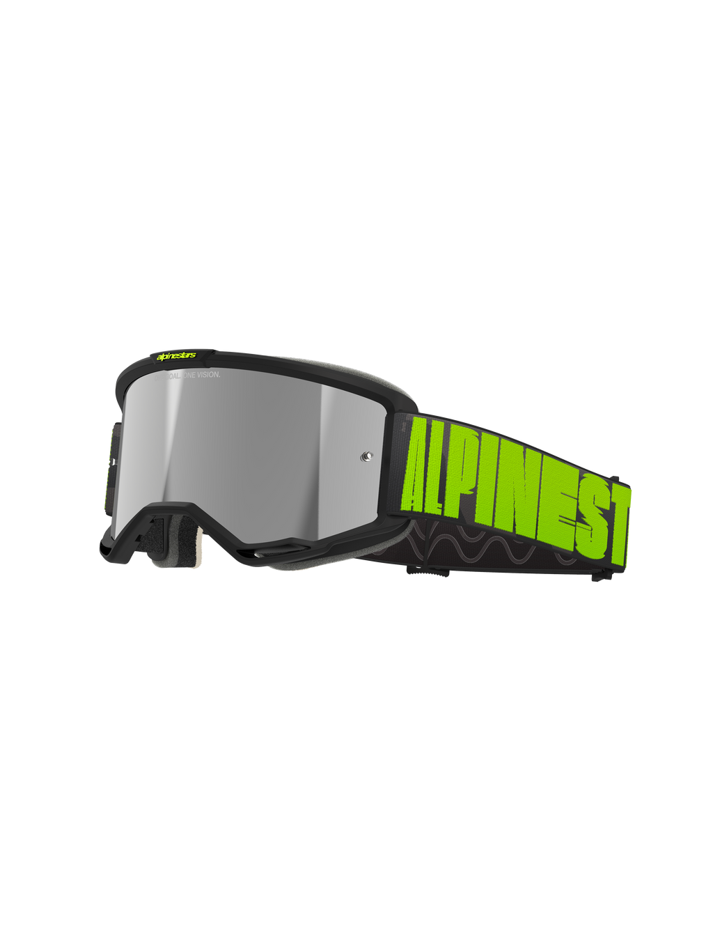 Alpinestars Vision 5 Hollow crossbril, motorcross- en off-roadbril, antraciet en neongeel, zilver spiegelende lens met zwart frame, brede zwarte band met opvallende neongele branding en interne siliconen grip, ventilatieopeningen en zacht gezichtsschuim