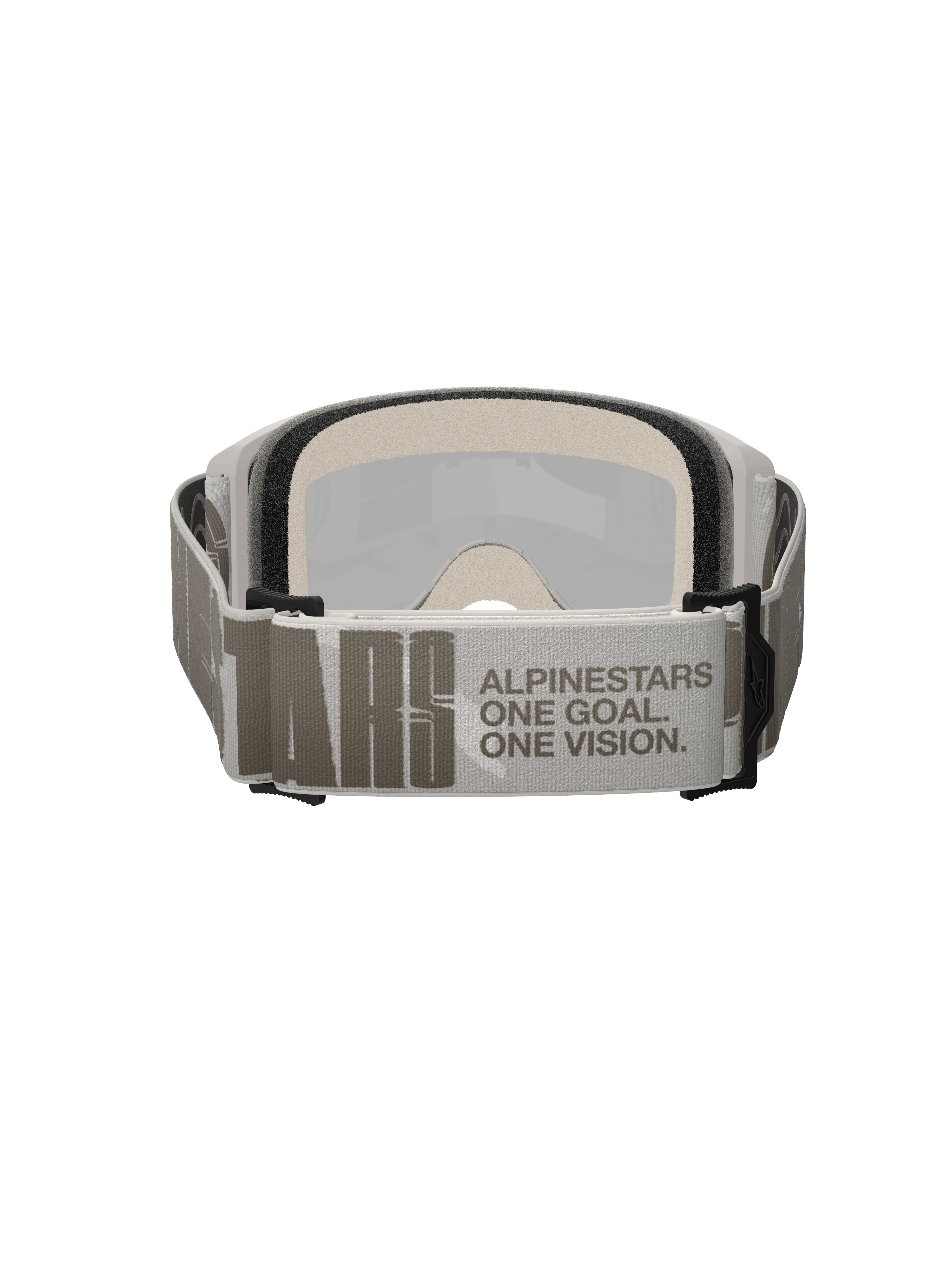 Alpinestars Vision 5 Hollow Goggles, motorcrossbril, wit en lichtgrijs, achteraanzicht met een brede geweven band voorzien van 'ALPINESTARS ONE GOAL. ONE VISION.' branding, dik meerlaags gezichtsschuim, hoogwaardige off-road bril
