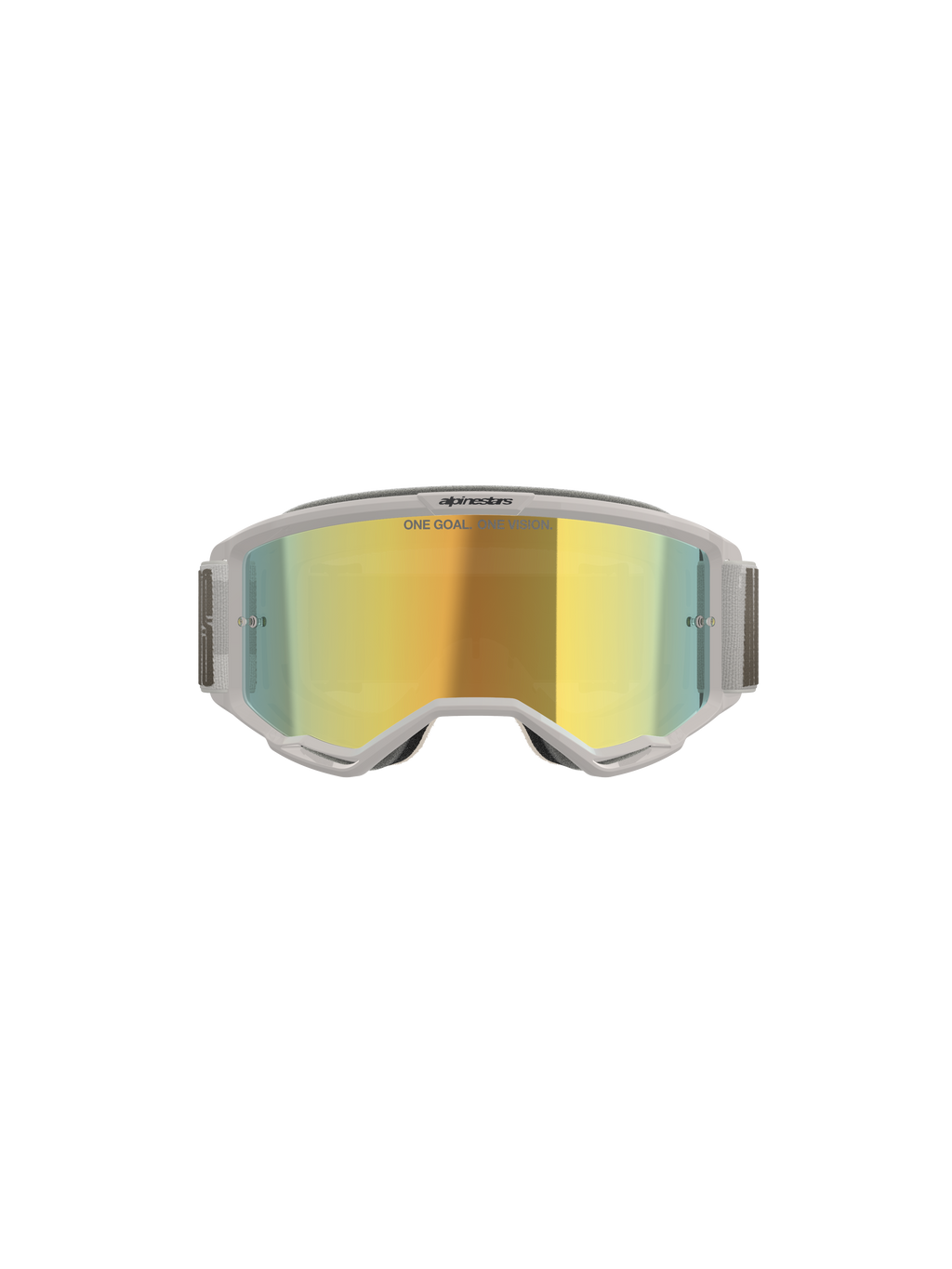 Alpinestars Vision 5 Hollow Goggles, motocrossbril, wit en Wind Mirror Gold, vooraanzicht met gespiegelde polycarbonaat lens, lichtgrijs flexibel frame en band, hoogwaardige oogbescherming voor motocross en off-road rijden