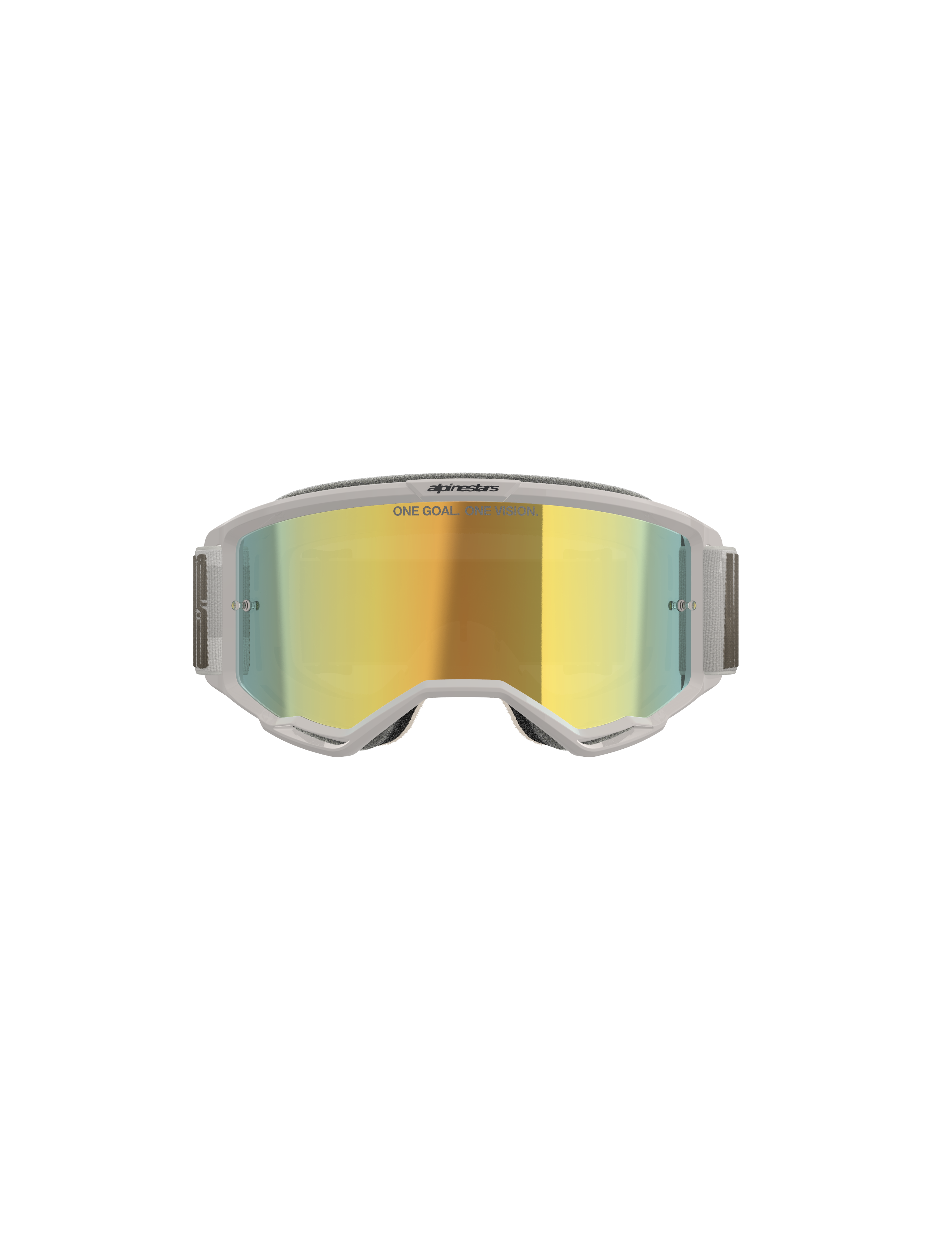 Alpinestars Vision 5 Hollow Goggles, motocrossbril, wit en Wind Mirror Gold, vooraanzicht met gespiegelde polycarbonaat lens, lichtgrijs flexibel frame en band, hoogwaardige oogbescherming voor motocross en off-road rijden