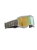 Alpinestars Vision 5 Hollow crossbril, motorcrossbril, wit frame met Wind Mirror Gold reflecterende lens, grijze geweven band met opvallende Alpinestars-typografie, voorzien van "One Goal. One Vision." tekst op de lens, professionele off-road racebril