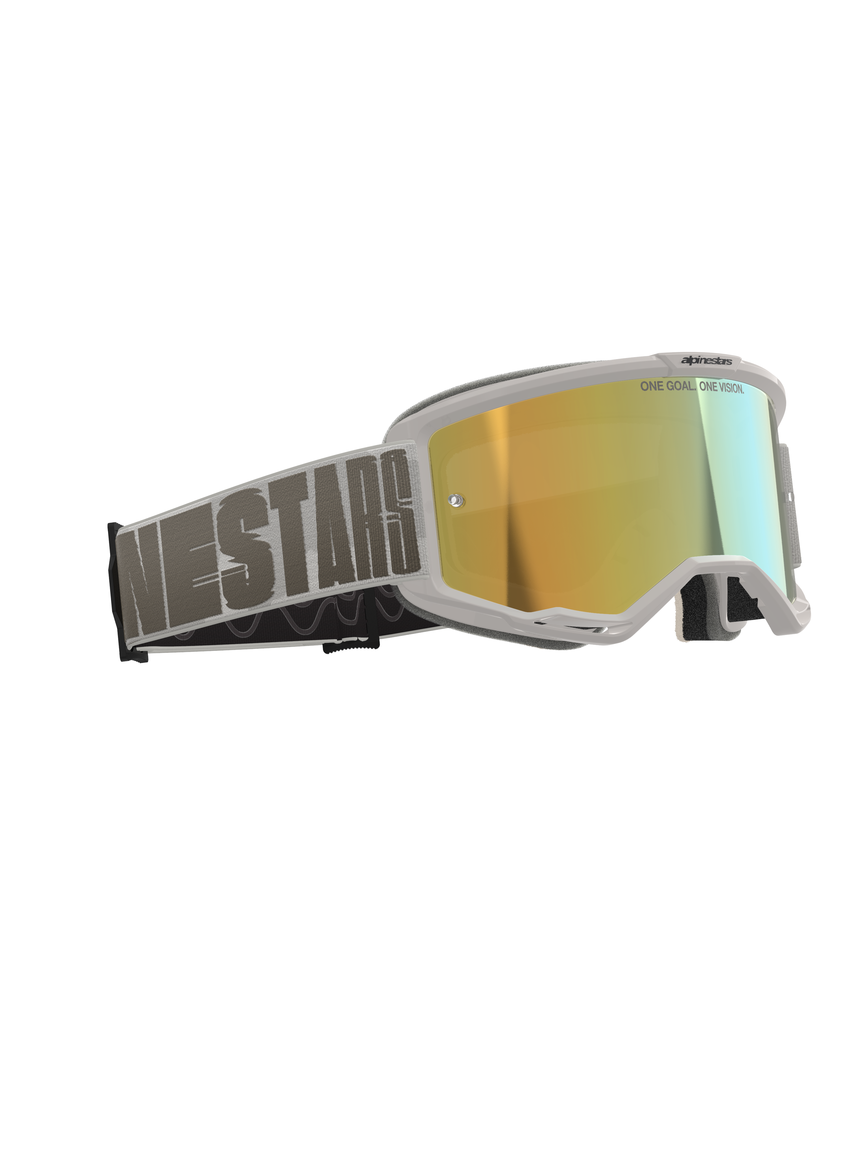 Alpinestars Vision 5 Hollow crossbril, motorcrossbril, wit frame met Wind Mirror Gold reflecterende lens, grijze geweven band met opvallende Alpinestars-typografie, voorzien van "One Goal. One Vision." tekst op de lens, professionele off-road racebril