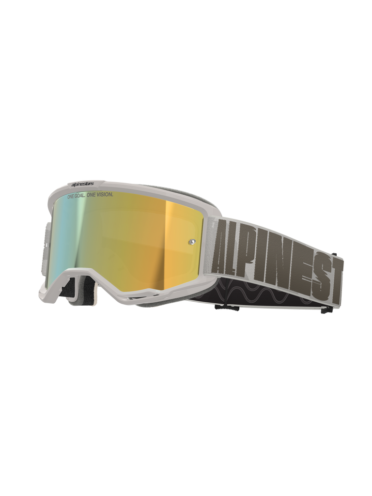 Alpinestars Vision 5 Hollow Goggles, Motocross Goggles, White frame with Wind Mirror Gold lens, gray woven strap with bold Alpinestars branding, high-performance eyewear for off-road racing