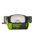 Alpinestars Vision 5 Hollow Goggles Roll Off, Motocross-Schutzbrille, Anthrazit und Neongelb, Rückansicht des breiten gewebten Gurtbands mit dem Slogan „ALPINESTARS ONE GOAL. ONE VISION.“ in Neongelb, dicker mehrschichtiger Gesichtsschaum, Roll-Off-System-Behälter