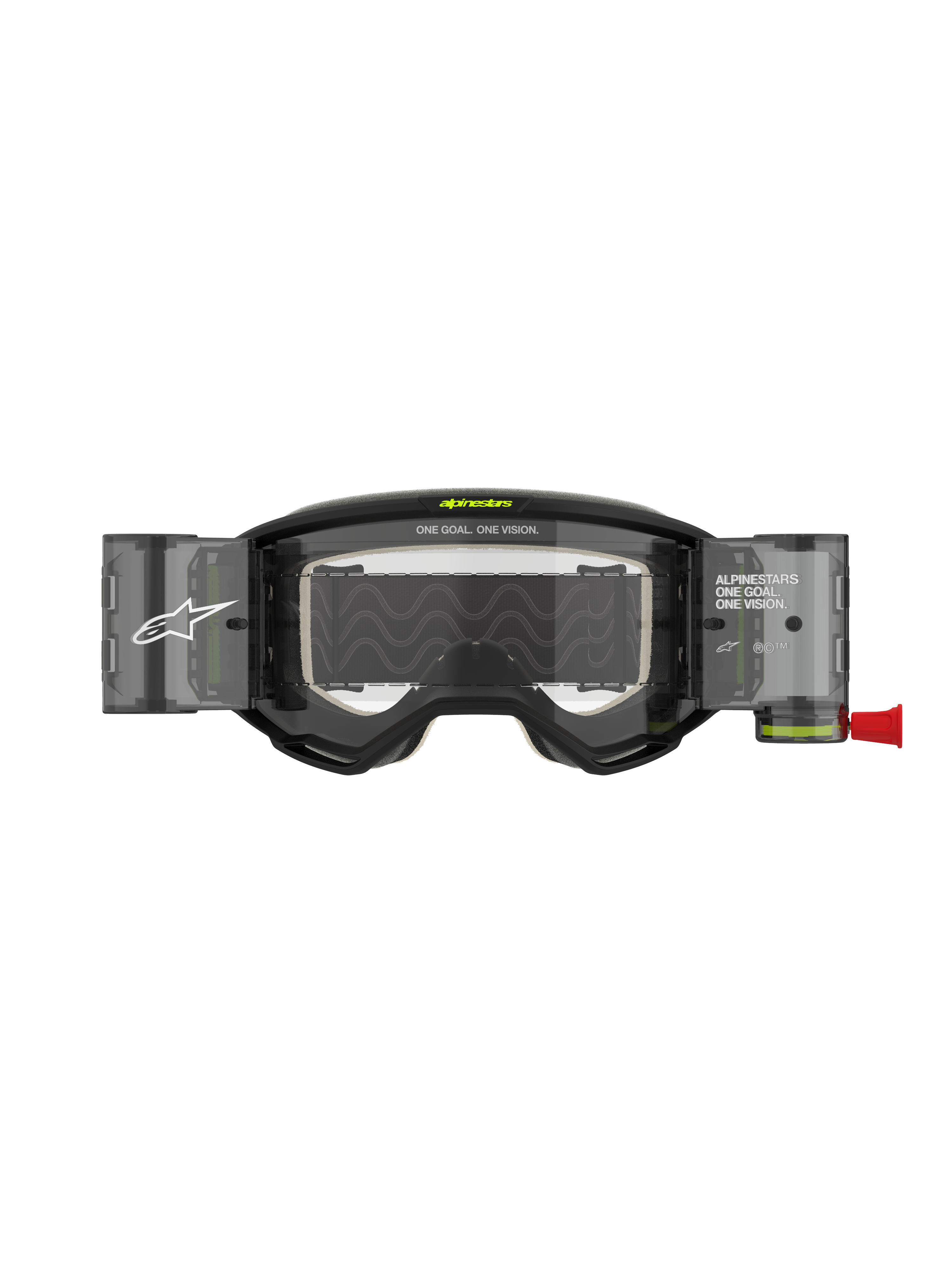 Alpinestars Vision 5 Hollow Roll-Off-Brille, Motocross-Brille, Anthrazit und Neongelb, mit klarem Roll-Off-Linsensystem, halbtransparenten Behältern, roter Zuglasche, weißem Branding und dem Schriftzug „ONE GOAL. ONE VISION.“, konzipiert für den Offroad-Rennsport