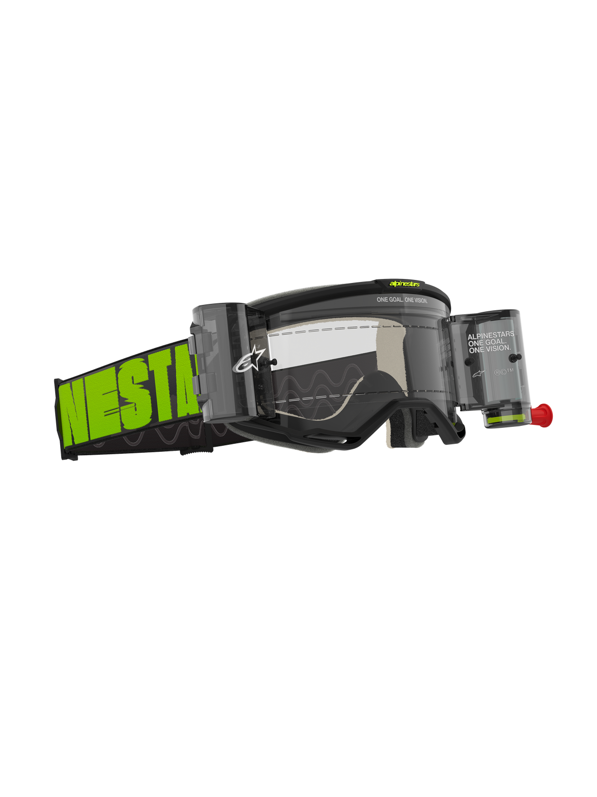 Alpinestars Vision 5 Hollow Goggles Roll Off, motorcrossbril, antraciet en fluogeel, heldere lens met geïntegreerde roll-off canisters, brede geweven band met opvallende neongroene branding, A-FLEX frame en meerlaags gezichtsschuim voor off-road prestaties