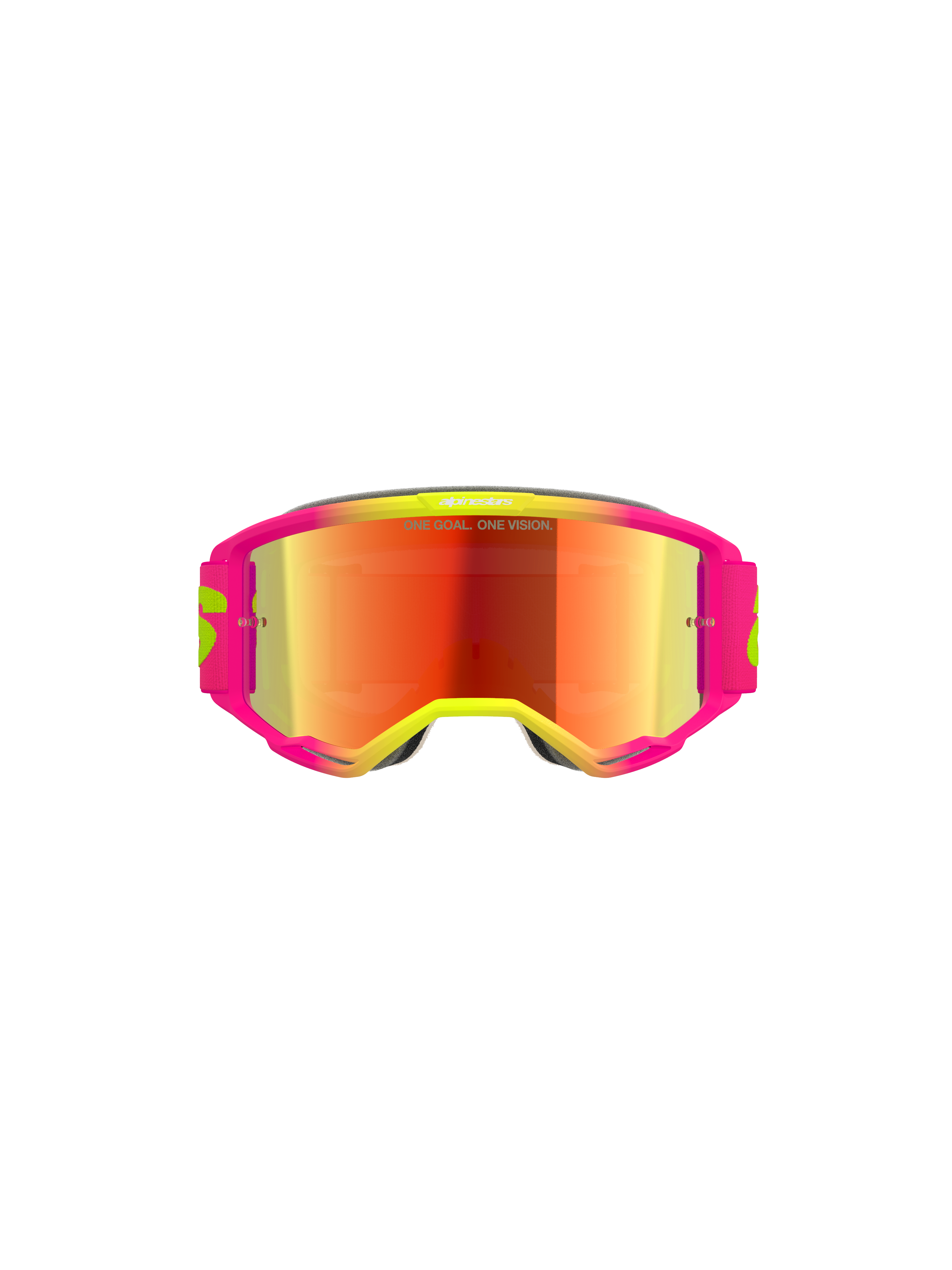 Masque Alpinestars Vision 5 Wordmark, masque de motocross, monture rose et jaune fluo avec écran miroir rouge, arborant un marquage audacieux et le texte « One Goal. One Vision. » sur l'écran, protection oculaire tout-terrain haute performance