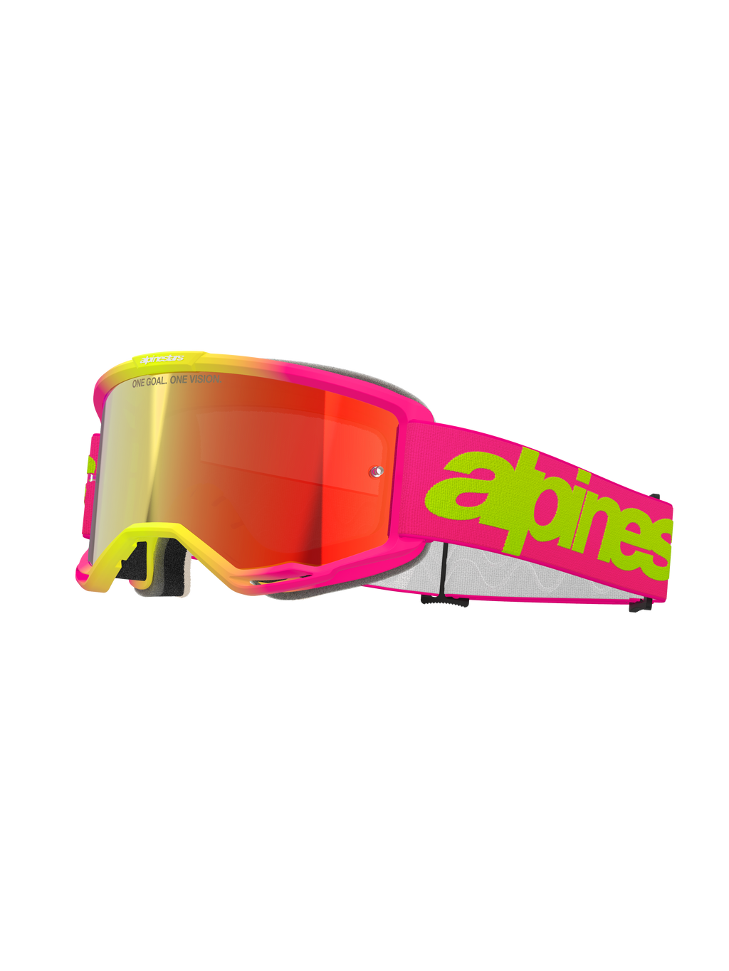 Masque Alpinestars Vision 5 Wordmark, masque de motocross, rose fluo et jaune, lentille miroir rouge, large sangle rose avec lettrage vert citron, design sportif pour la course tout-terrain