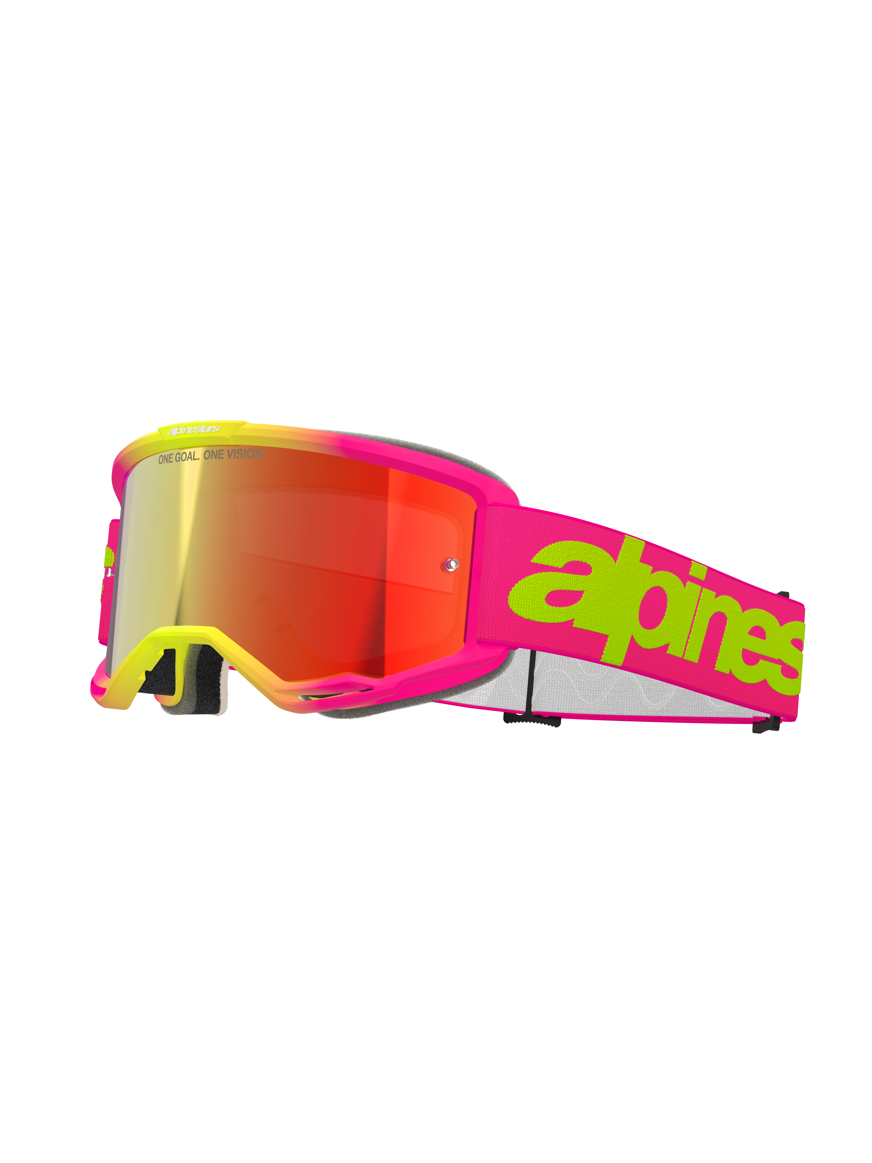 Alpinestars Vision 5 Wordmark Brille, Motocross-Brille, Pink Fluo und Gelb, rote verspiegelte Linse, breites pinkes Band mit markantem limettengrünem Schriftzug, sportliches Design für Offroad-Rennsport