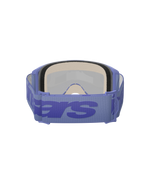 Masque Alpinestars Vision 5 Wordmark, masque de motocross, Pourpre Miroir Bleu, vue arrière montrant la mousse faciale multicouche épaisse et le bandeau réglable pourpre avec logo textuel bleu imposant, lunettes de protection haute performance pour la course tout-terrain