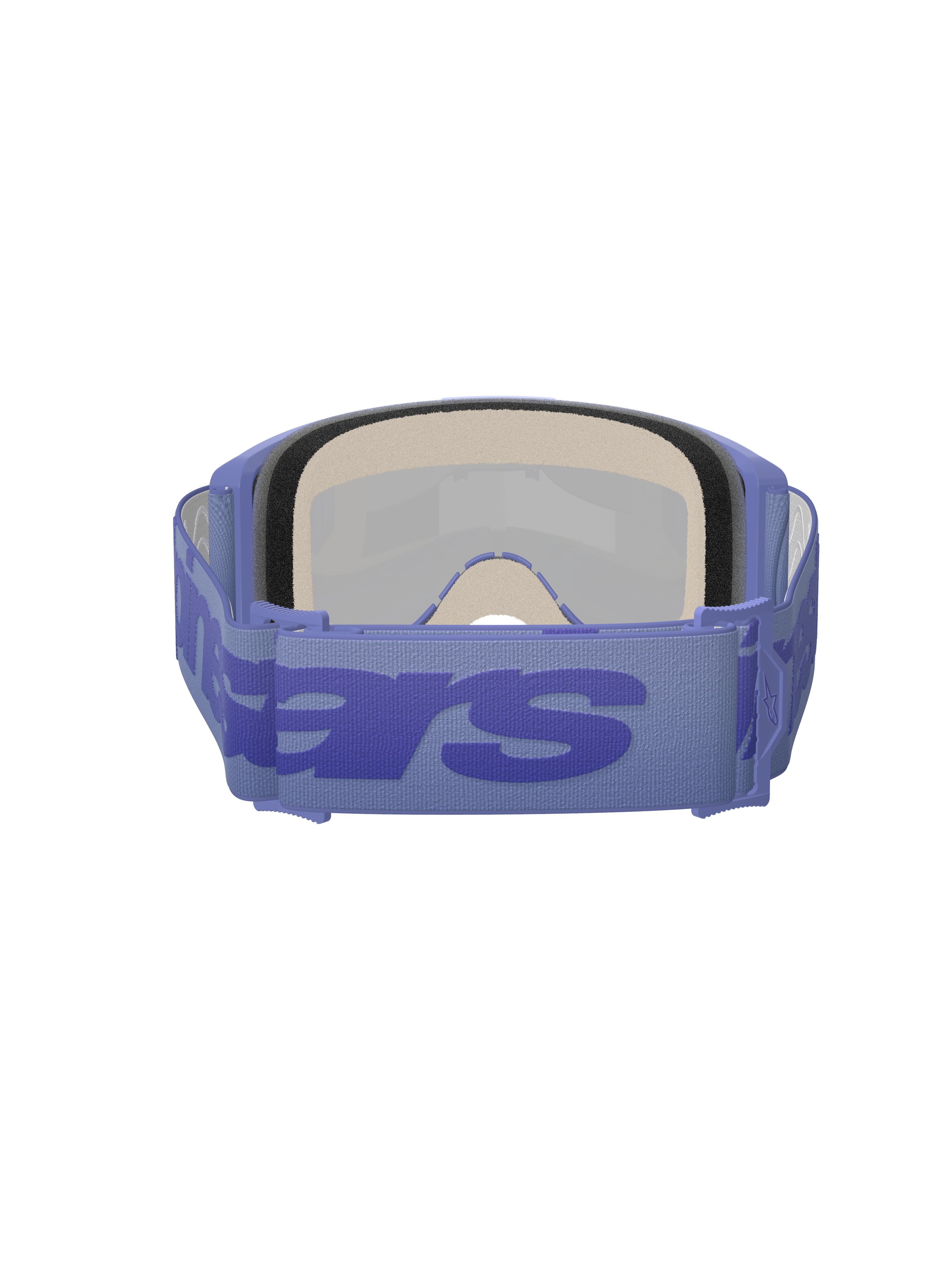 Masque Alpinestars Vision 5 Wordmark, masque de motocross, Pourpre Miroir Bleu, vue arrière montrant la mousse faciale multicouche épaisse et le bandeau réglable pourpre avec logo textuel bleu imposant, lunettes de protection haute performance pour la course tout-terrain