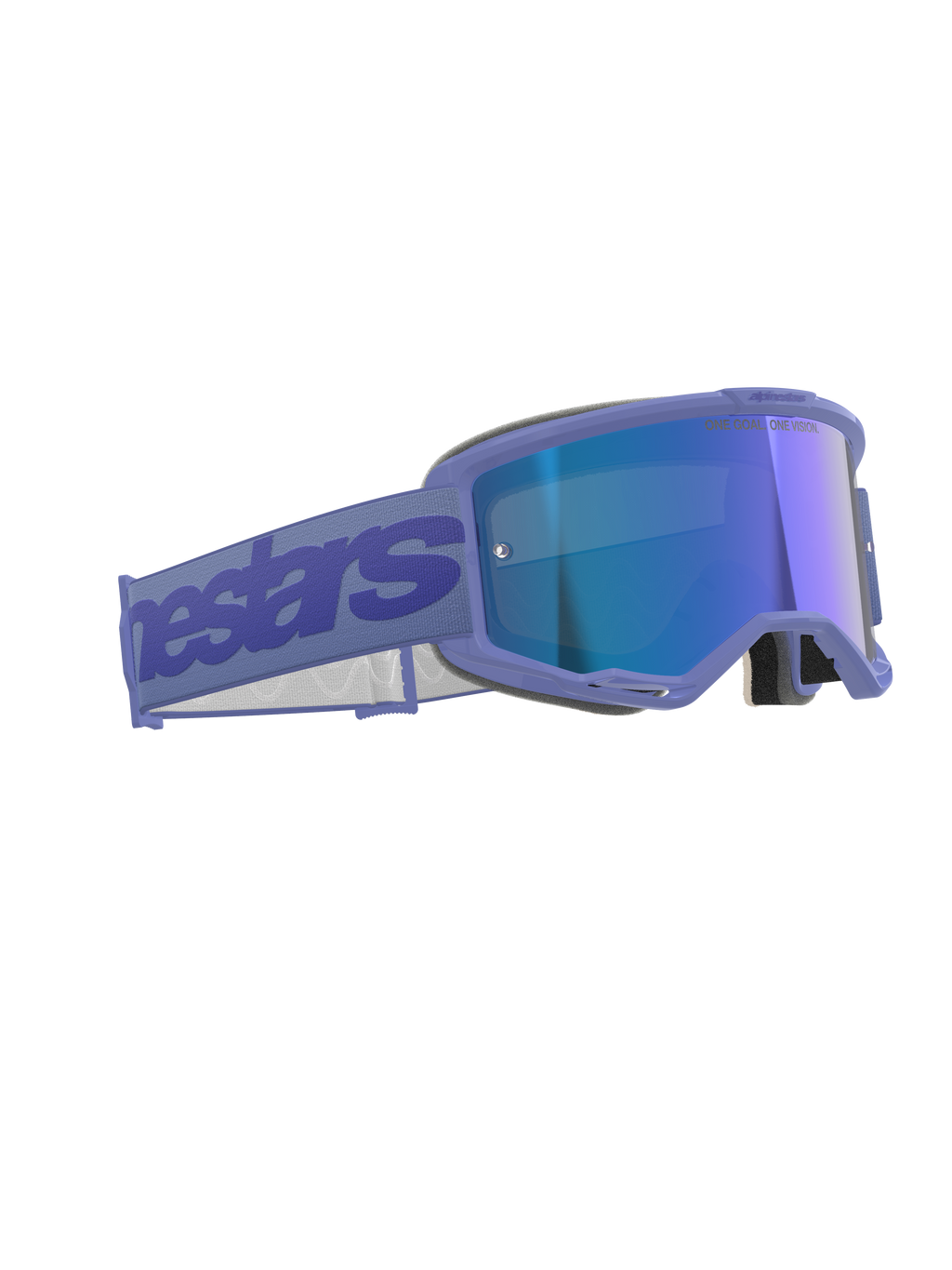 Alpinestars Vision 5 Wordmark Goggles, masque de motocross, pourpre miroir bleu, doté d'une monture pourpre avec écran bleu réfléchissant, large bandeau pourpre avec logo Alpinestars, design ergonomique pour la course tout-terrain