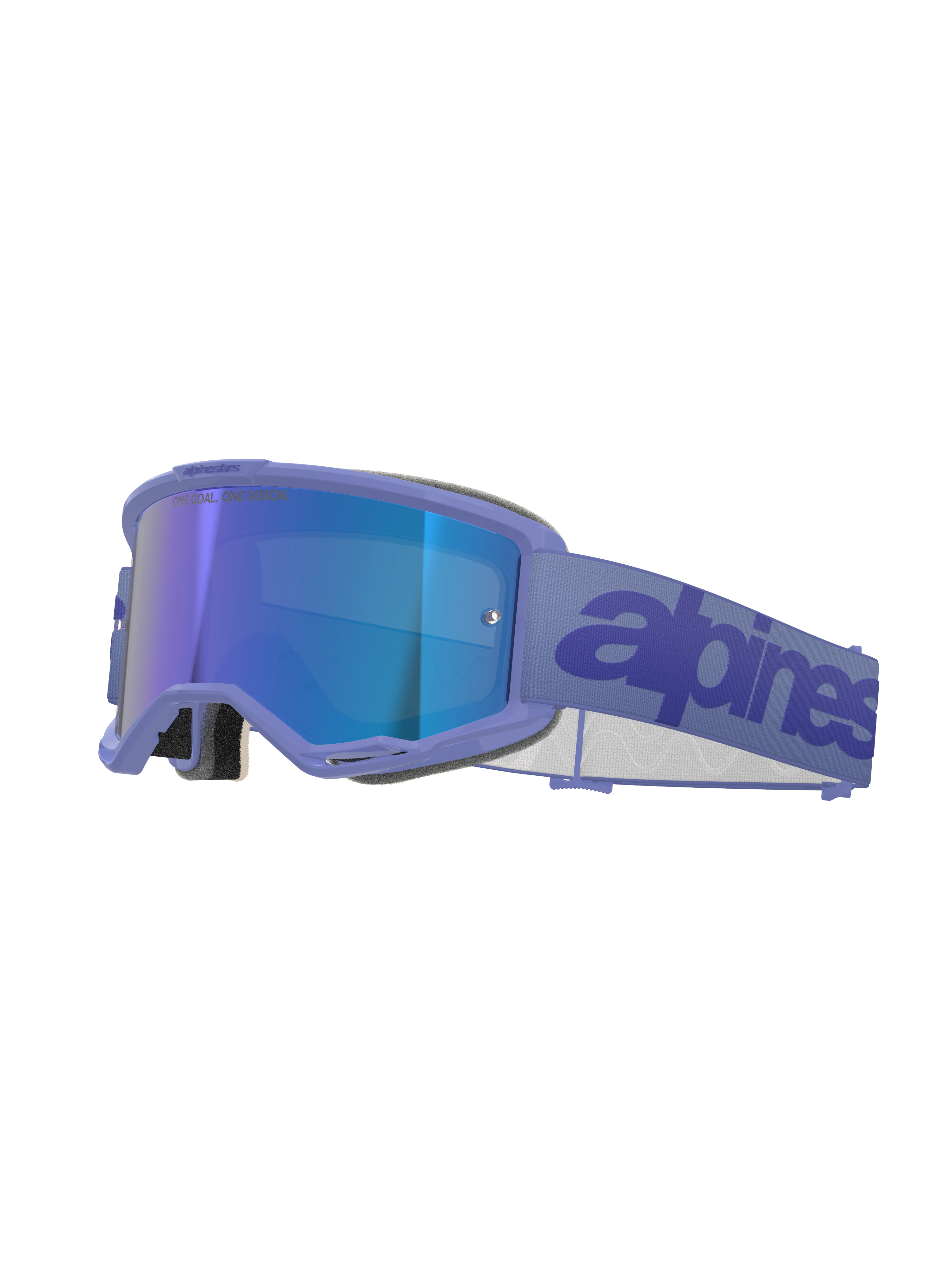 Masque Alpinestars Vision 5 Wordmark, masque de motocross, Pourpre Miroir Bleu, doté d'une monture pourpre et d'un écran miroir bleu, large sangle tissée pourpre avec logo Alpinestars bleu foncé, protection oculaire tout-terrain professionnelle