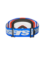 Masque Alpinestars Vision 8 Wordmark, masque de motocross, bleu et orange avec écran clair, large sangle bleue avec marquage Alpinestars blanc, équipement de protection oculaire haute performance pour le tout-terrain