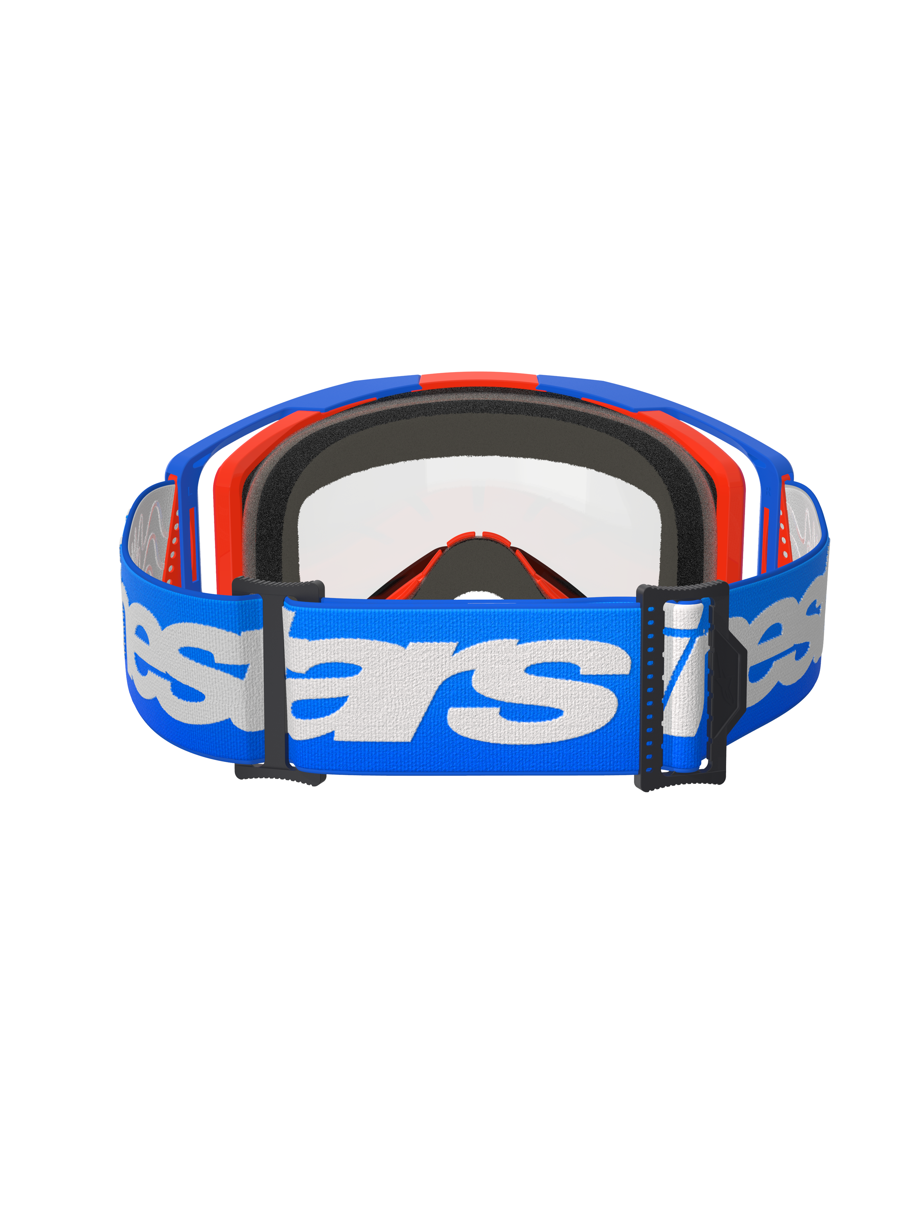 Masque Alpinestars Vision 8 Wordmark, masque de motocross, bleu et orange avec écran clair, large sangle bleue avec marquage Alpinestars blanc, équipement de protection oculaire haute performance pour le tout-terrain