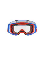 Alpinestars Vision 8 Wordmark Goggles Dual Pane, motorcrossbril, blauw en oranje met heldere lens, vooraanzicht met het A-FLEX frame en dubbele lens, voorzien van "ONE GOAL. ONE VISION." slogan op de bovenrand, hoogwaardige off-road race-uitrusting