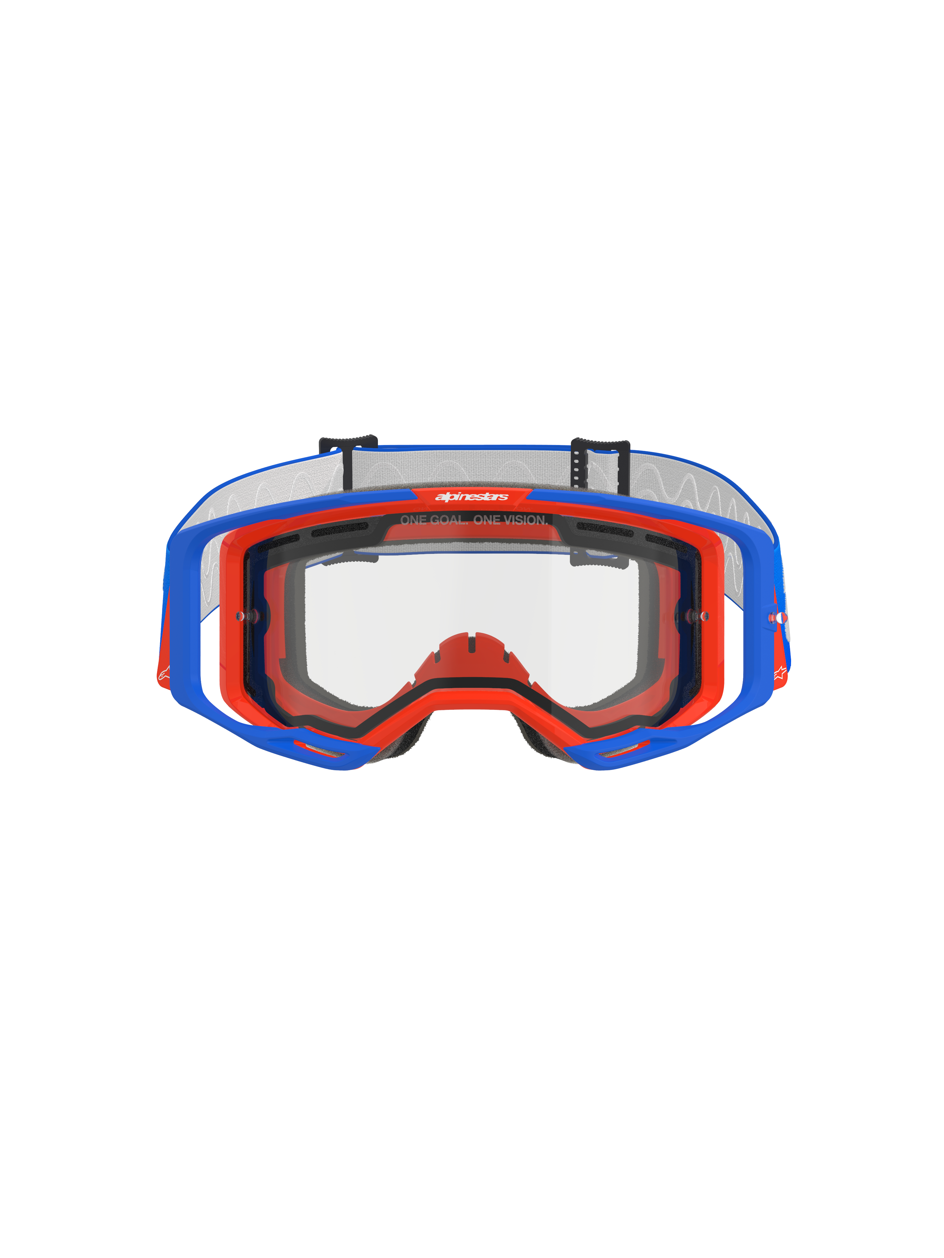 Alpinestars Vision 8 Wordmark Goggles Dual Pane, motorcrossbril, blauw en oranje met heldere lens, vooraanzicht met het A-FLEX frame en dubbele lens, voorzien van "ONE GOAL. ONE VISION." slogan op de bovenrand, hoogwaardige off-road race-uitrusting