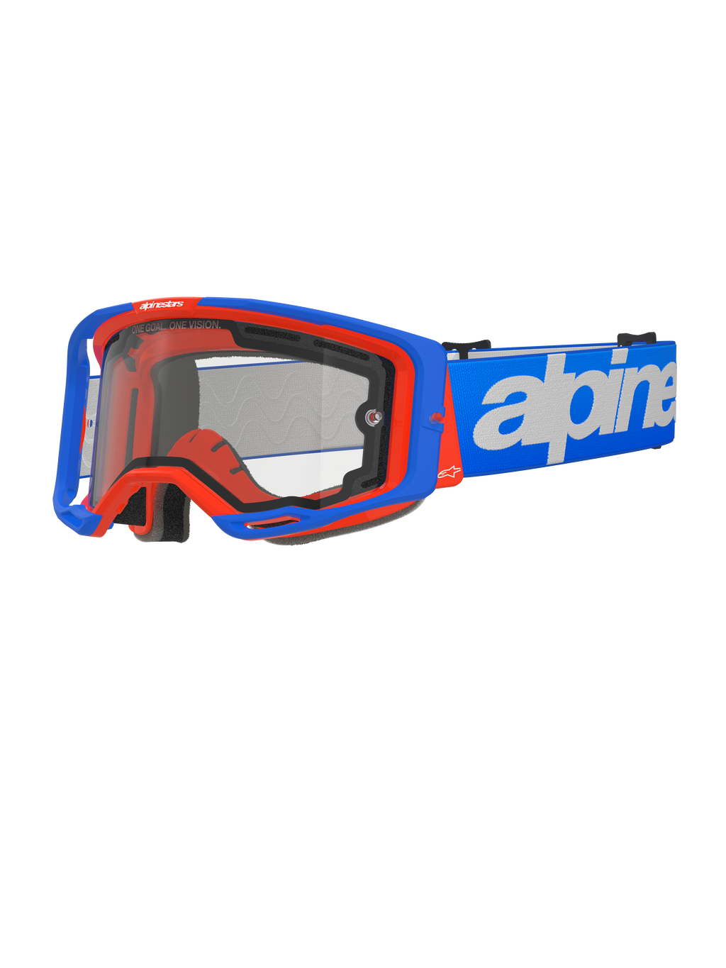 Alpinestars Vision 8 Wordmark crossbril met dubbele lens, motocrossbril, blauw en oranje, heldere dubbele lens, blauwe band met witte merknaam, zwarte schuimvoering, off-road race-uitrusting