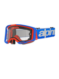 Alpinestars Vision 8 Wordmark crossbril met dubbele lens, motocrossbril, blauw en oranje, heldere dubbele lens, blauwe band met witte merknaam, zwarte schuimvoering, off-road race-uitrusting