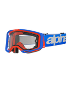Alpinestars Vision 8 Wordmark crossbril met dubbele lens, motocrossbril, blauw en oranje, heldere dubbele lens, blauwe band met witte merknaam, zwarte schuimvoering, off-road race-uitrusting