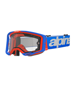 Alpinestars Vision 8 Wordmark crossbril met dubbele lens, motocrossbril, blauw en oranje, heldere dubbele lens, blauwe band met witte merknaam, zwarte schuimvoering, off-road race-uitrusting