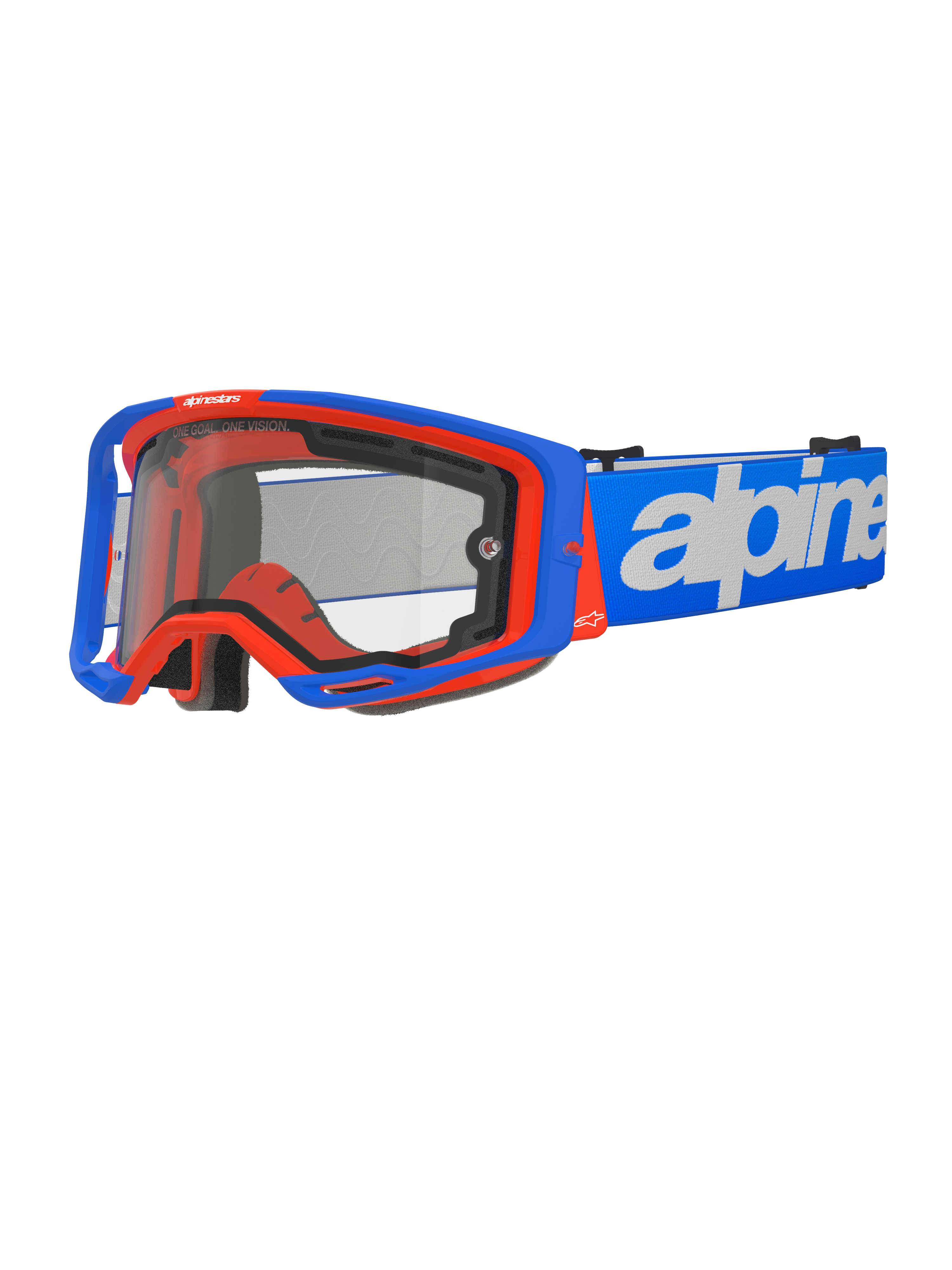 Alpinestars Vision 8 Wordmark crossbril met dubbele lens, motocrossbril, blauw en oranje, heldere dubbele lens, blauwe band met witte merknaam, zwarte schuimvoering, off-road race-uitrusting